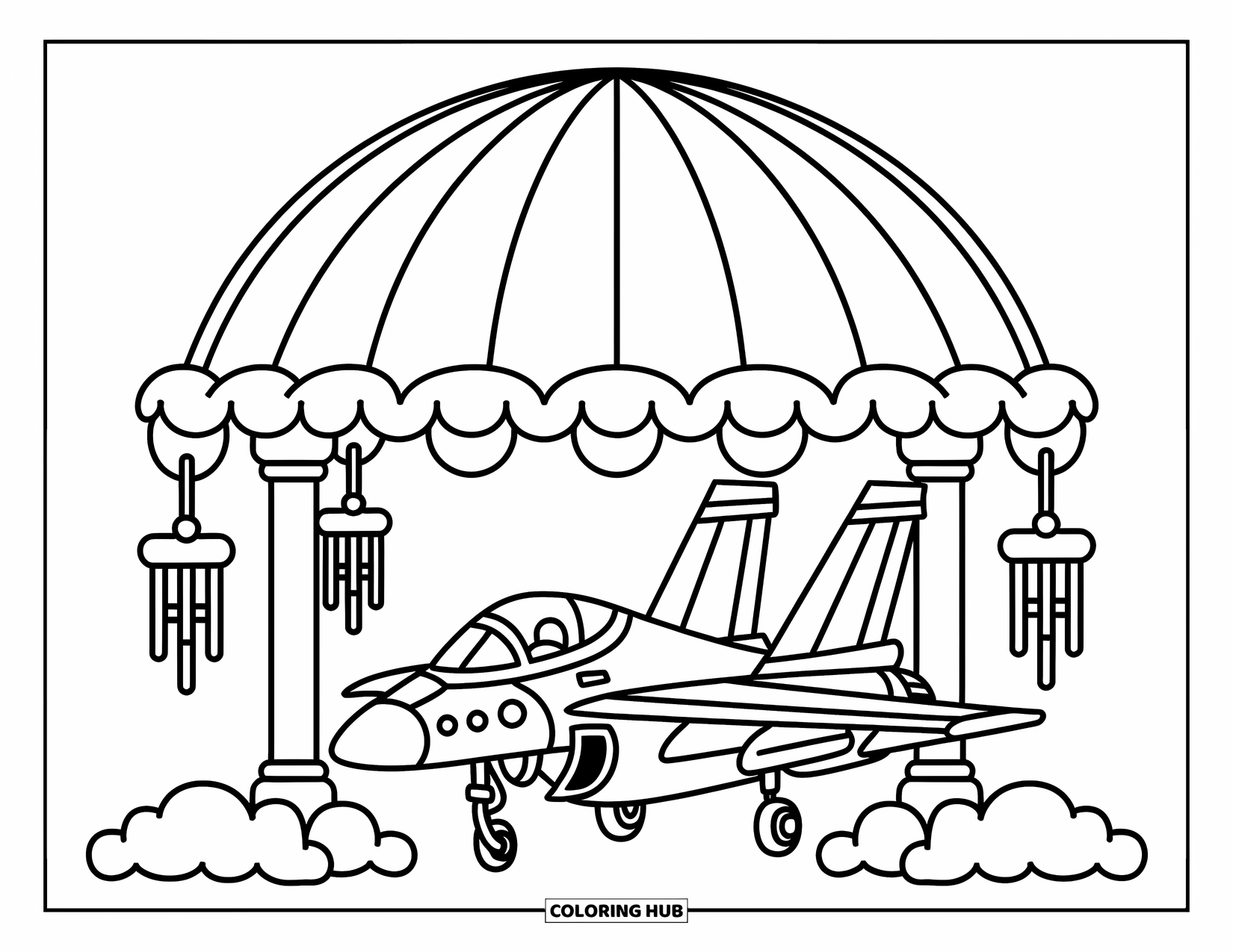 Fighter Jet Coloring Page for Adults: A tiny jet rests peacefully under a cozy dome of stacked scalloped clouds