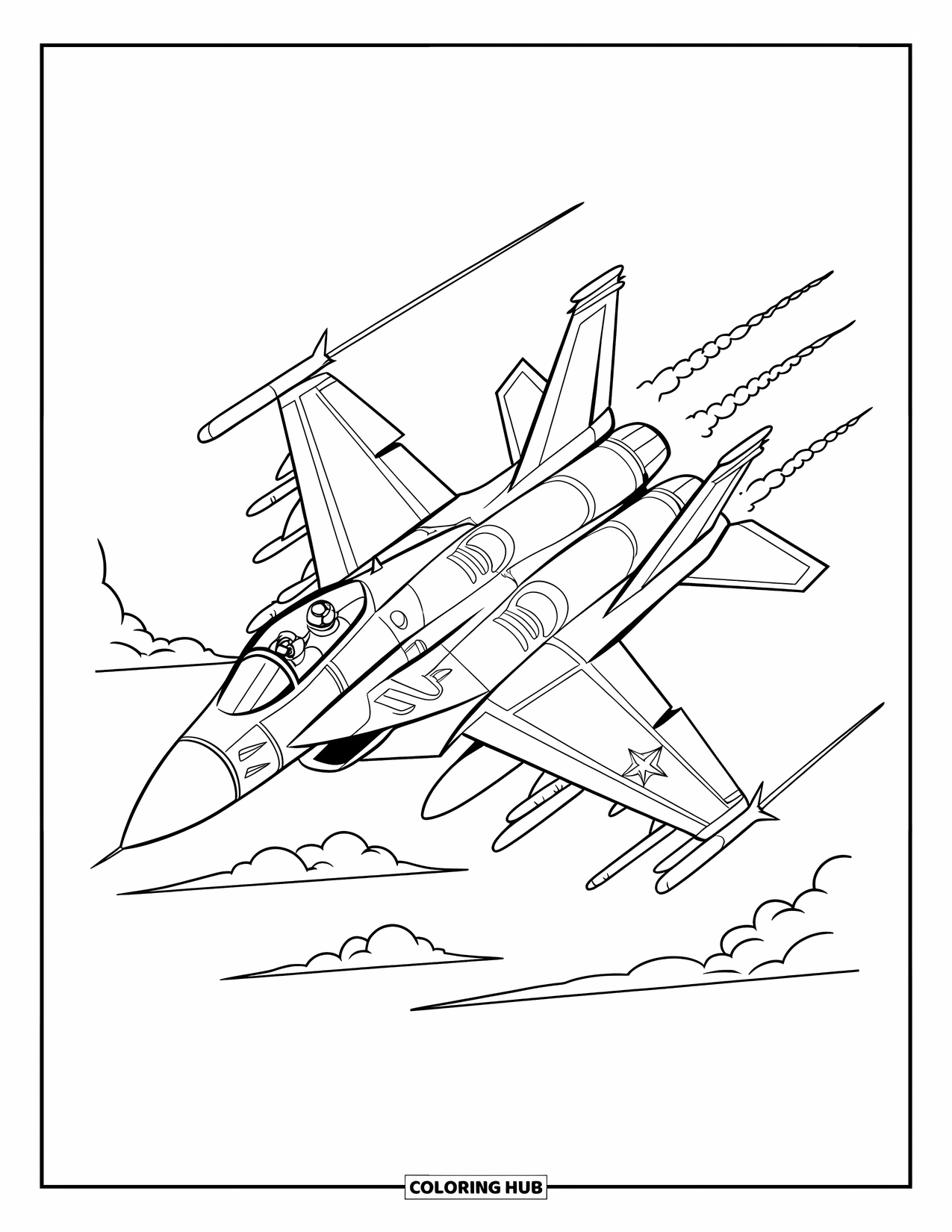 Fighter Jet Coloring Page for Kids: A barrel-rolling jet spins fast in the open sky