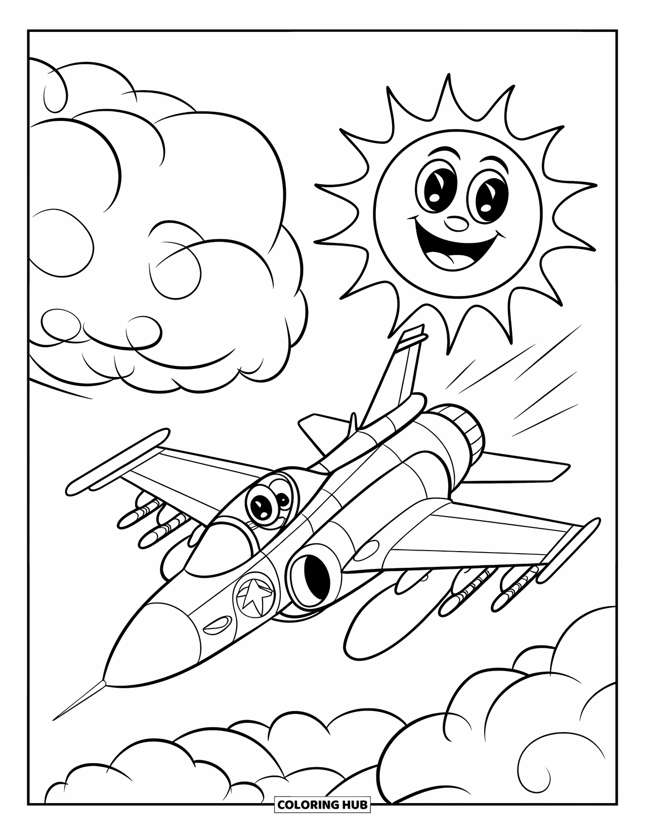 Fighter Jet Coloring Page for Kids: A cute jet with round eyes flies through clouds and a sunny sky