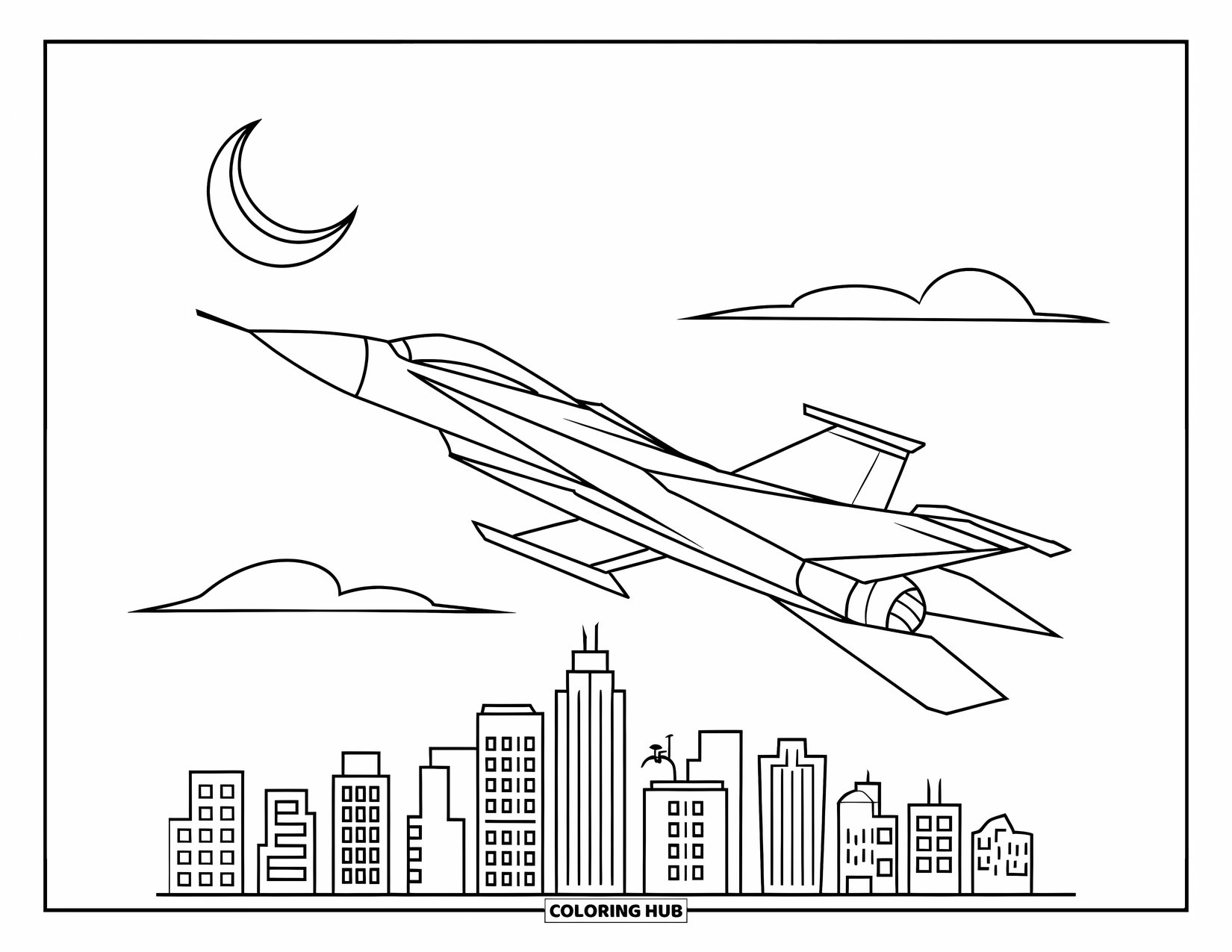 Fighter Jet Coloring Page for Kids: A fighter jet flies over tall buildings beneath a crescent moon
