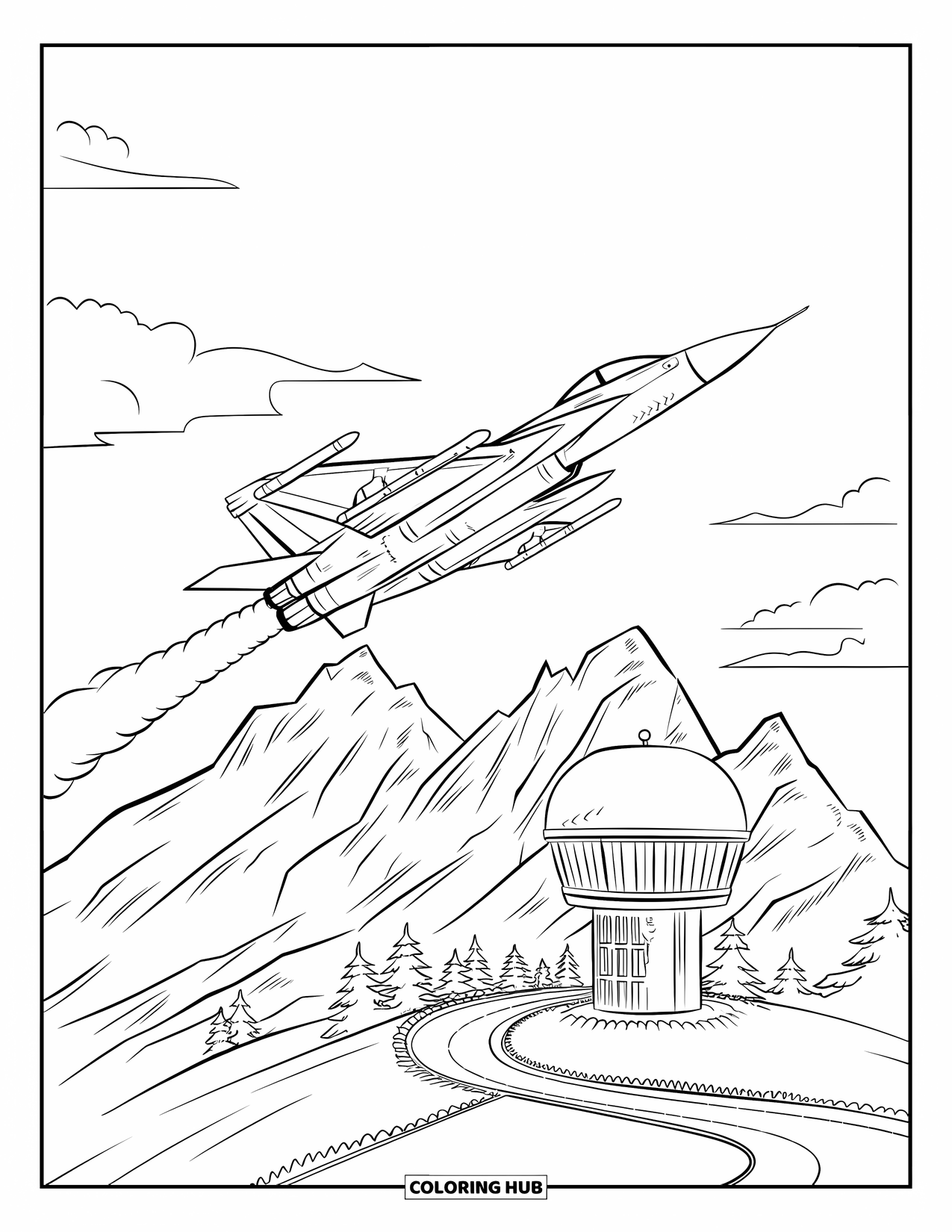 Fighter Jet Coloring Page for Kids: A fighter jet rockets above rugged mountains and a small radar station