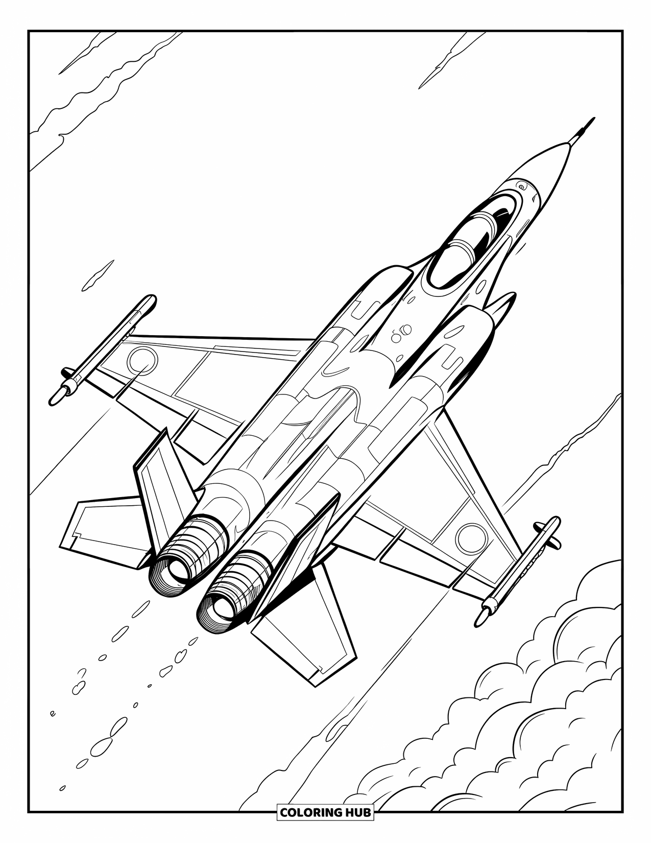 Fighter Jet Coloring Page for Kids: A fighter jet soars through the sky, leaving trails behind it