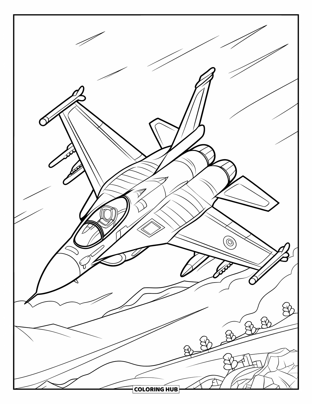 Fighter Jet Coloring Page for Kids: A fighter jet spins midair in a barrel roll with speed trails behind it