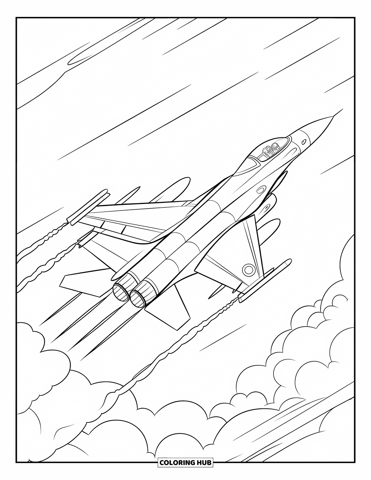 Fighter Jet Coloring Page for Kids: A fighter jet takes off with smoky trails and fluffy clouds overhead