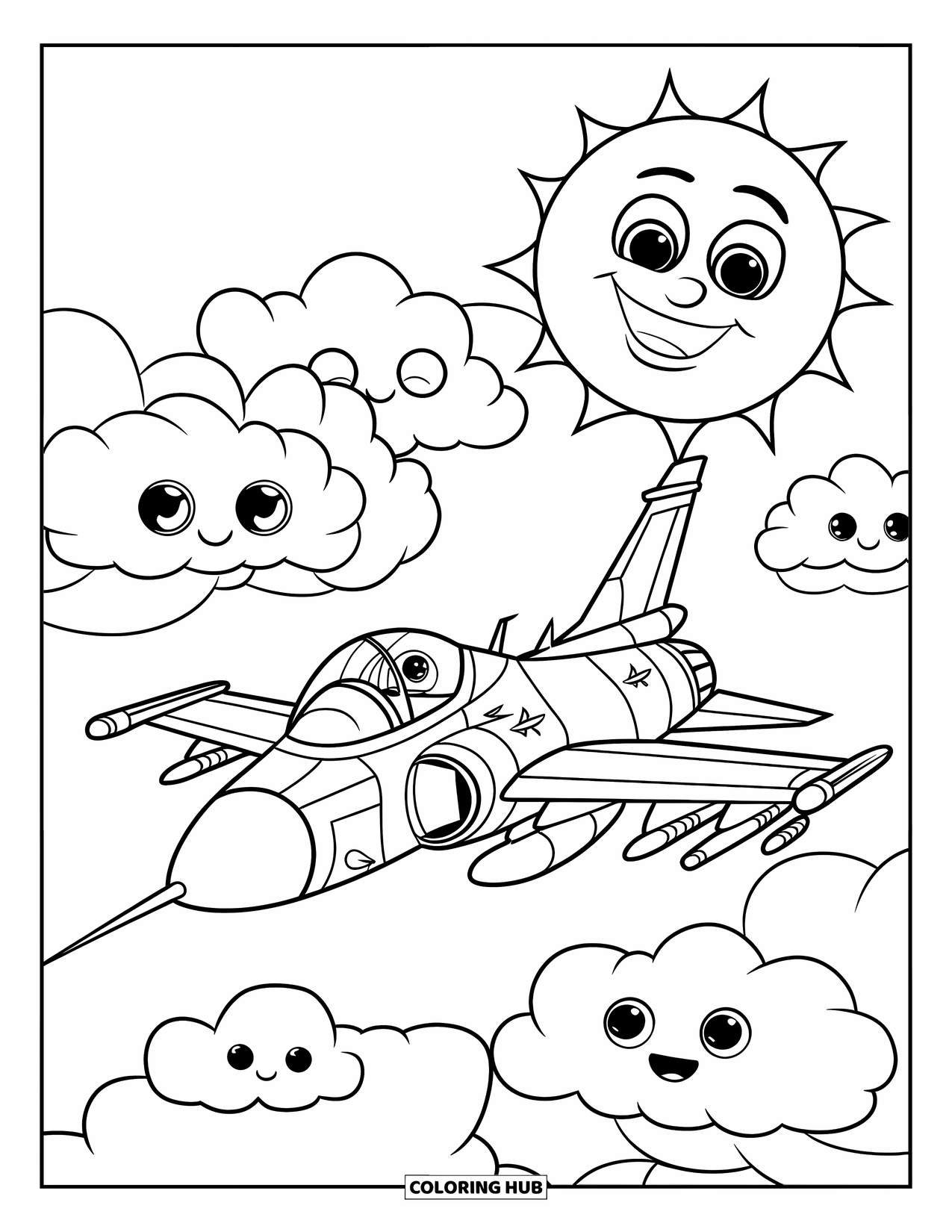 Fighter Jet Coloring Page for Kids: A happy jet zooms through clouds with a giant smiling sun above