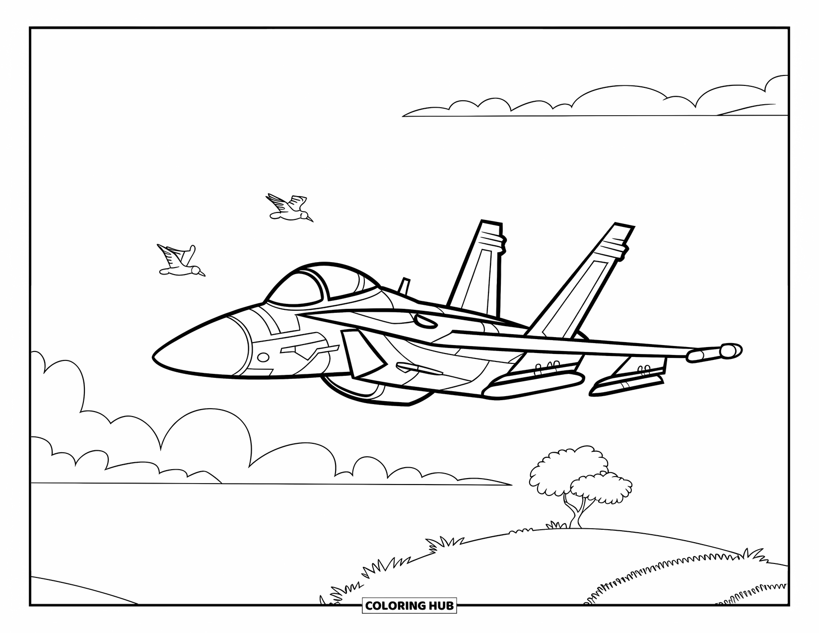 Fighter Jet Coloring Page for Kids: A jet flies low above a hill and a tiny tree with birds nearby