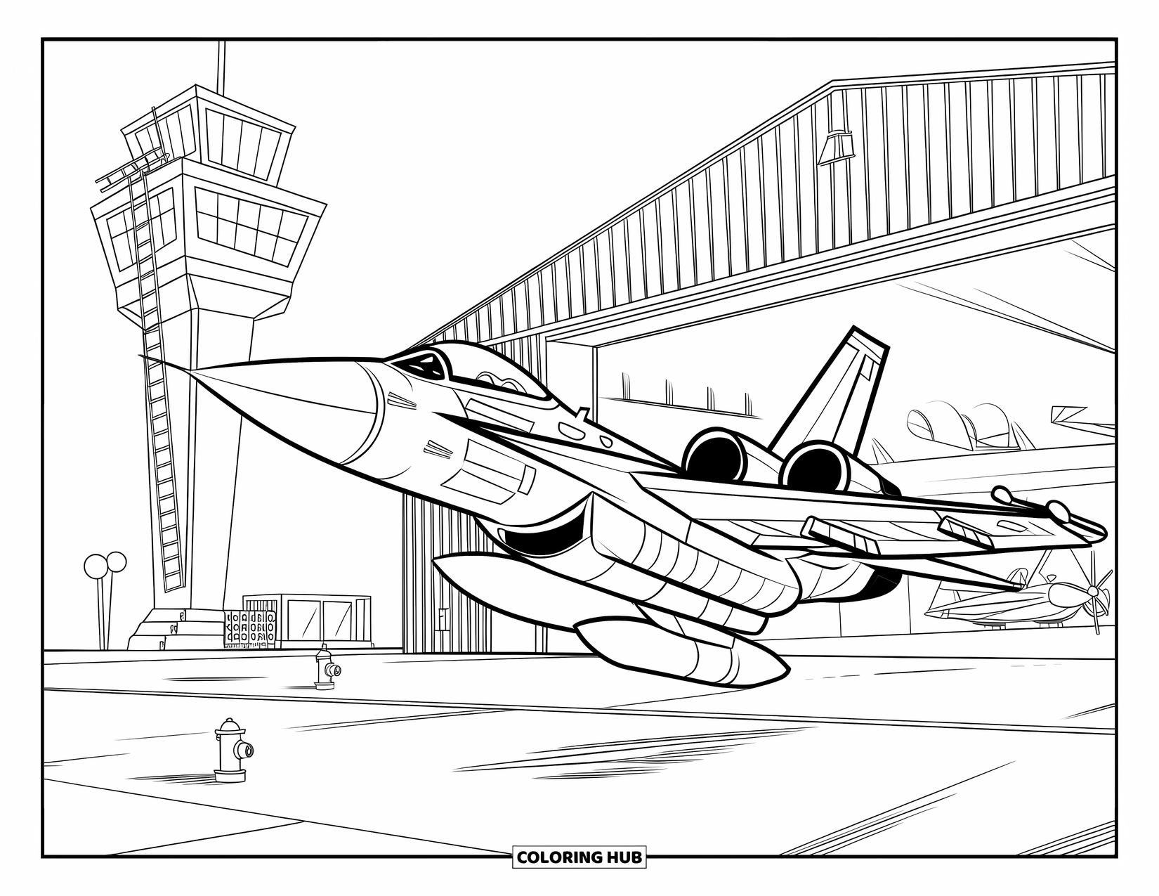 Fighter Jet Coloring Page for Kids: A jet flies low near an open hangar with planes and tower in sight