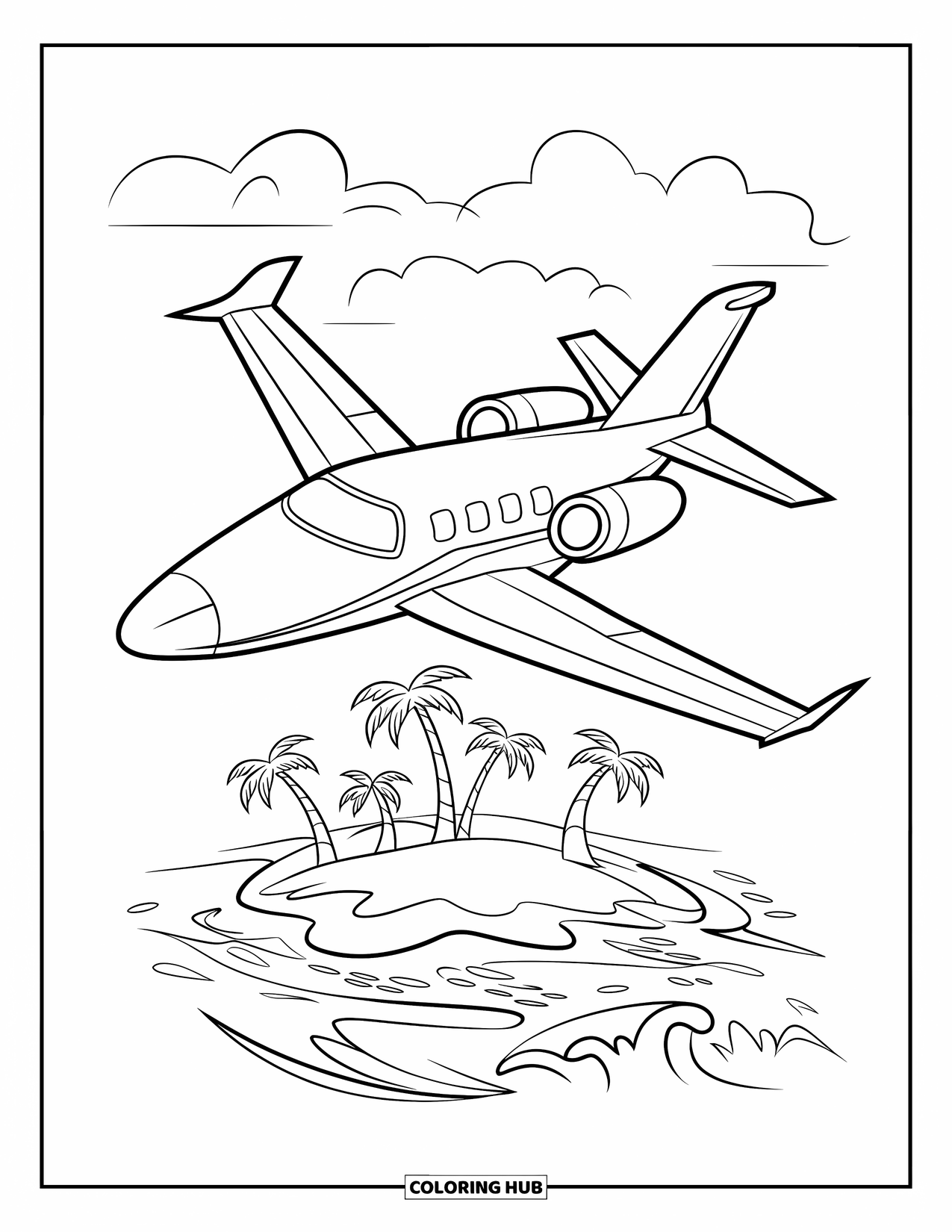 Fighter Jet Coloring Page for Kids: A jet flies over a tropical island with ocean waves and palm trees
