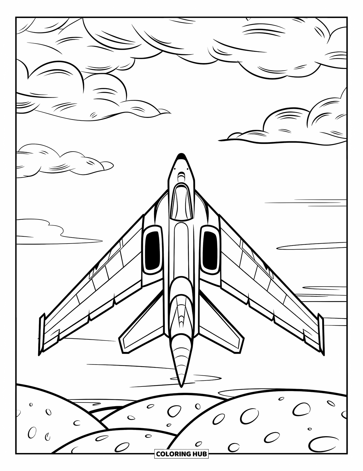 Fighter Jet Coloring Page for Kids: A jet glides over round desert shapes and soft cloud patterns