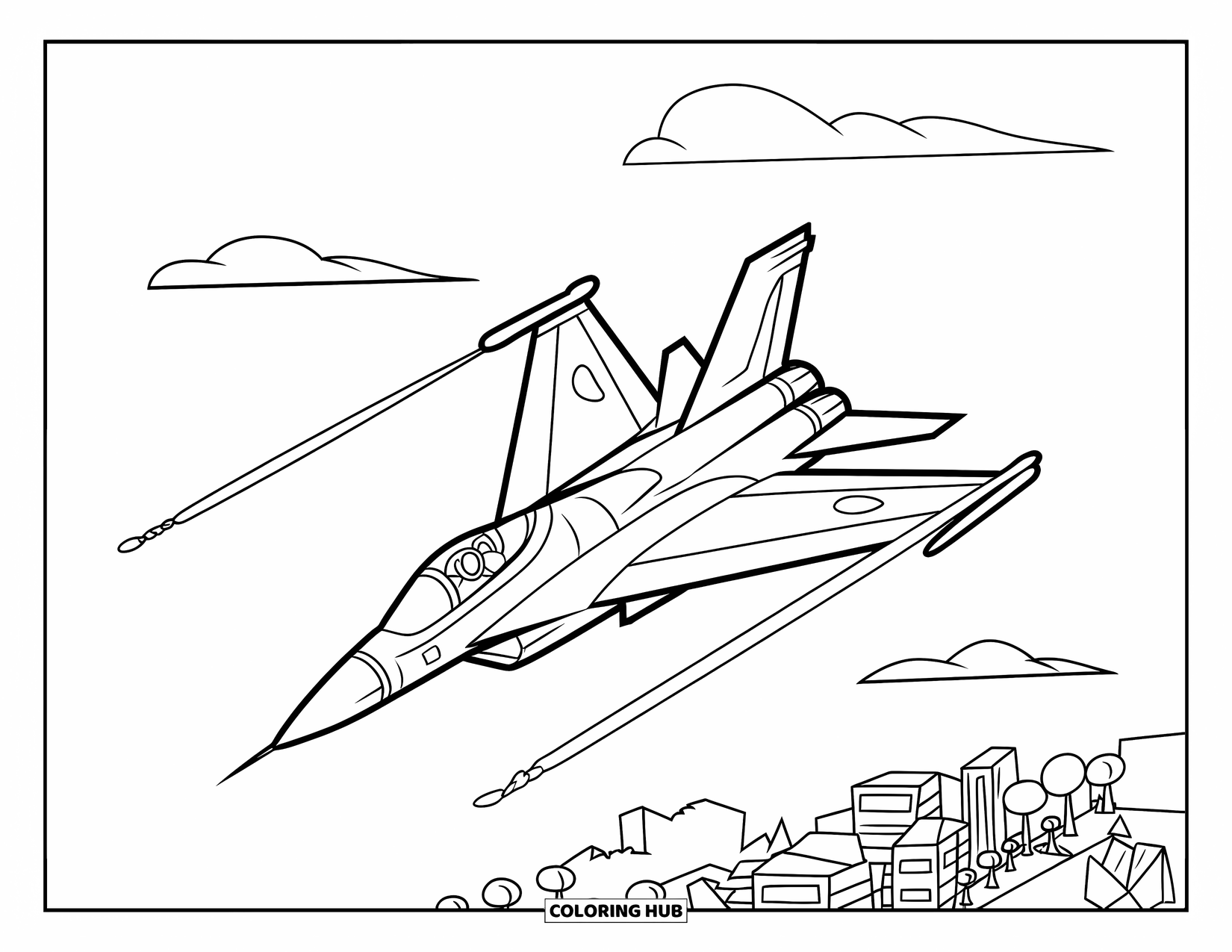 Fighter Jet Coloring Page for Kids: A jet loops through the sky, leaving curvy trails above buildings and trees