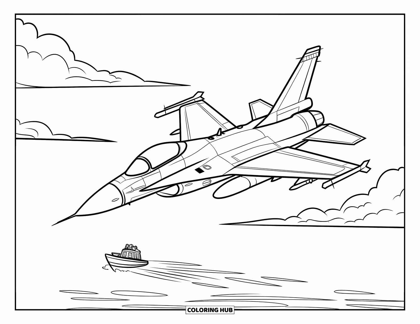 Fighter Jet Coloring Page for Kids: A jet soars over the sea with a tiny boat drifting below