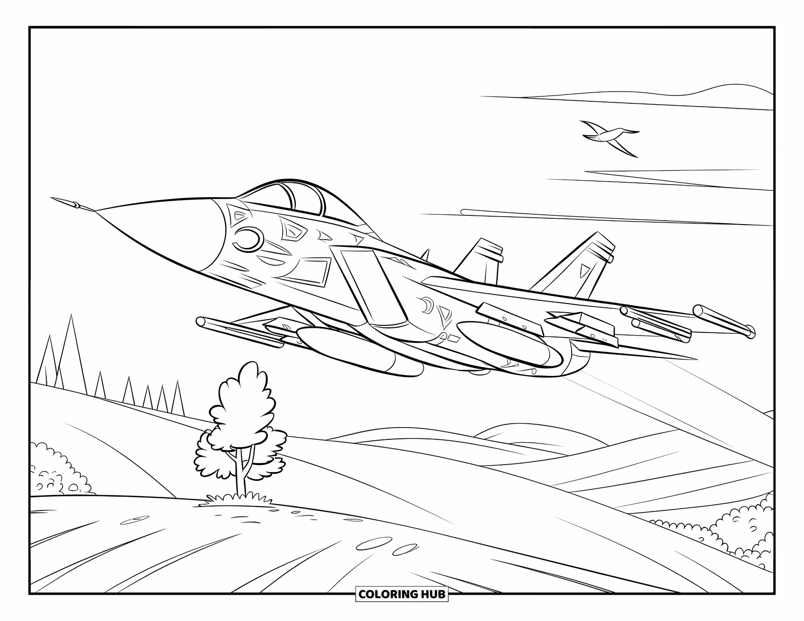 Fighter Jet Coloring Page for Kids: A jet swoops past a hilltop with birds in a peaceful, wide landscape