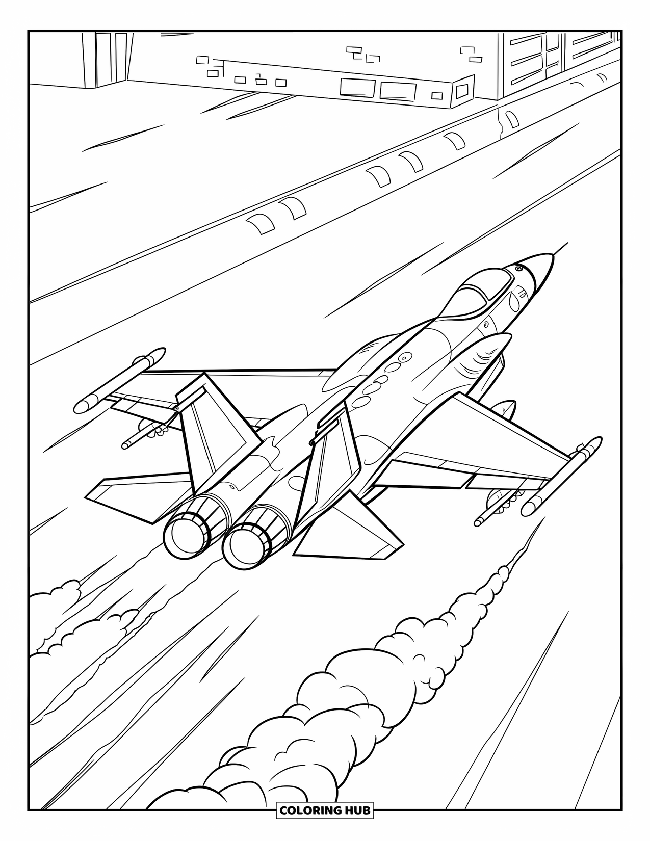 Fighter Jet Coloring Page for Kids: A jet takes flight with smoke trails over a quiet runway and distant building