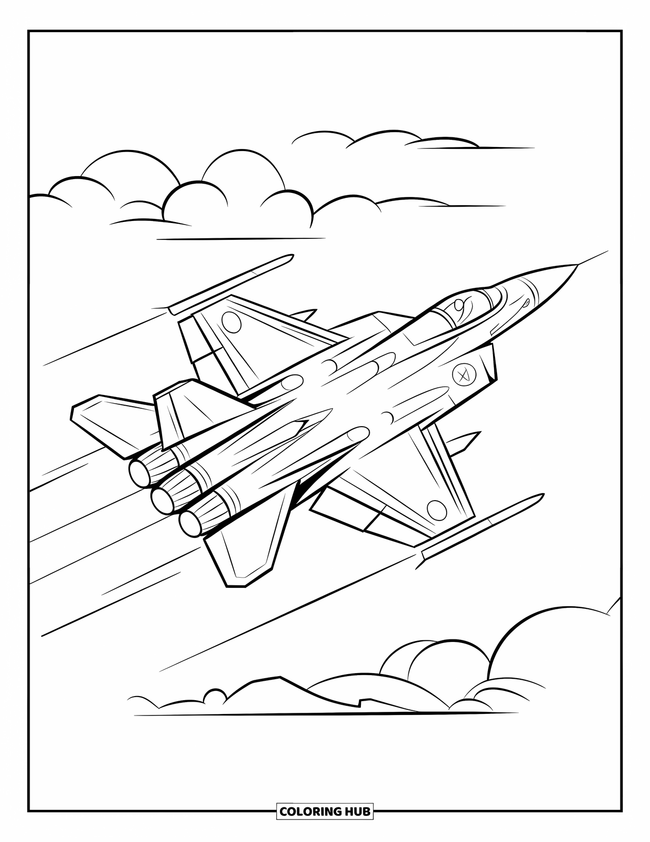 Fighter Jet Coloring Page for Kids: A jet twists in the air with speed lines and soft clouds below