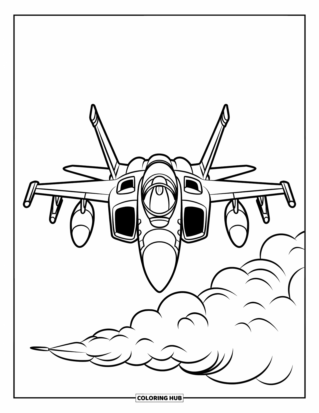 Fighter Jet Coloring Page for Kids: A jet with bold wings flies over a puffy cloud in a clear sky