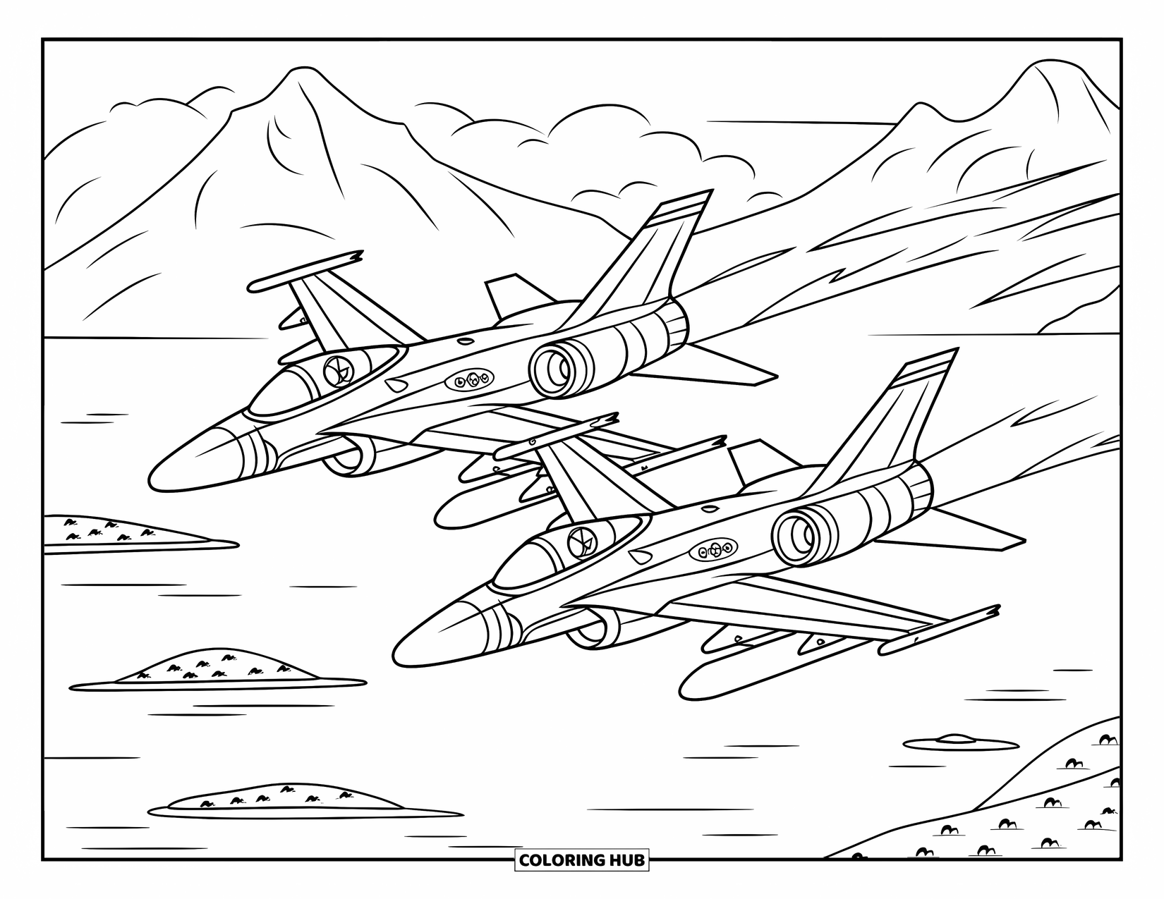 Fighter Jet Coloring Page for Kids: A pair of jets fly over mountains and sea islands together