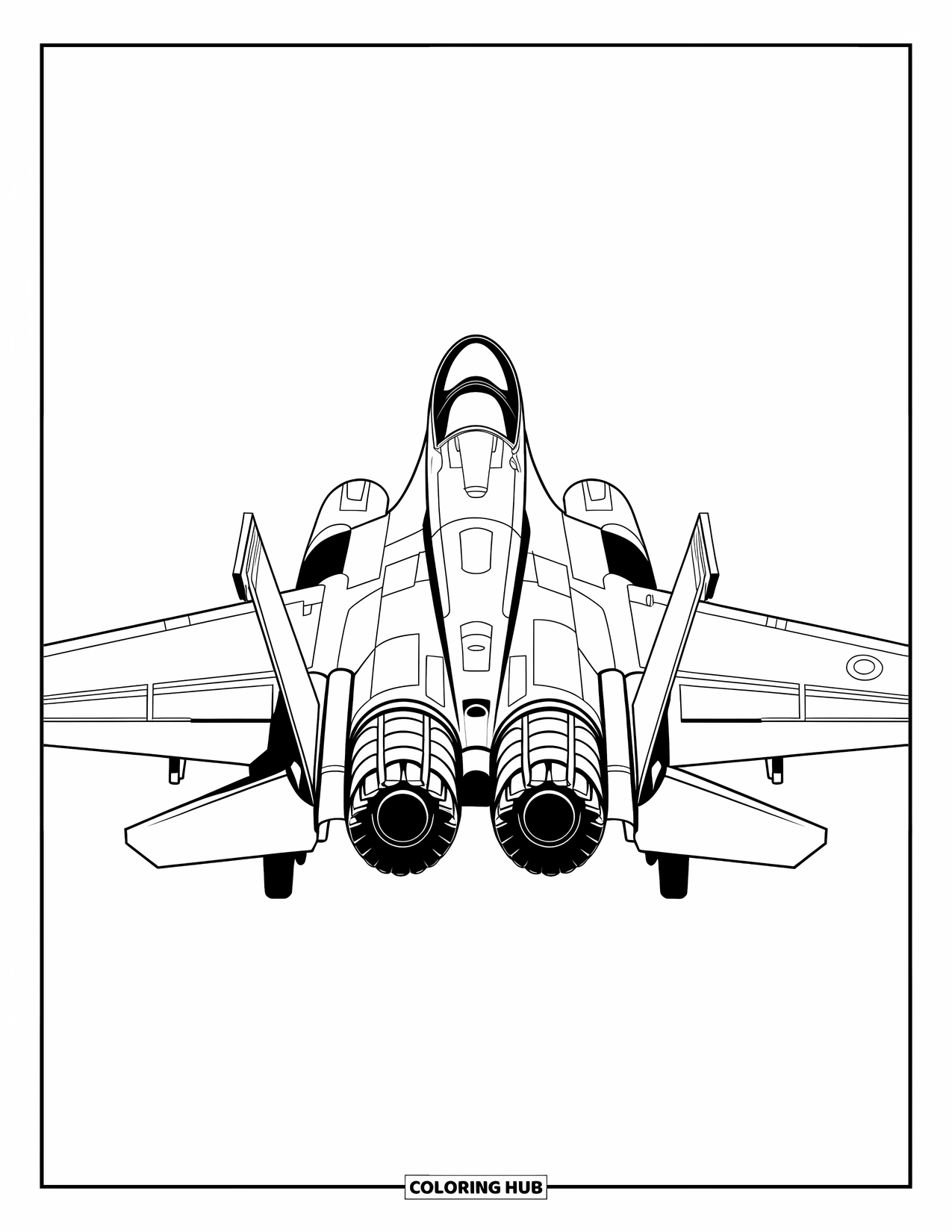 Fighter Jet Coloring Page for Kids: A rear view of a fighter jet shows its wings and twin engines