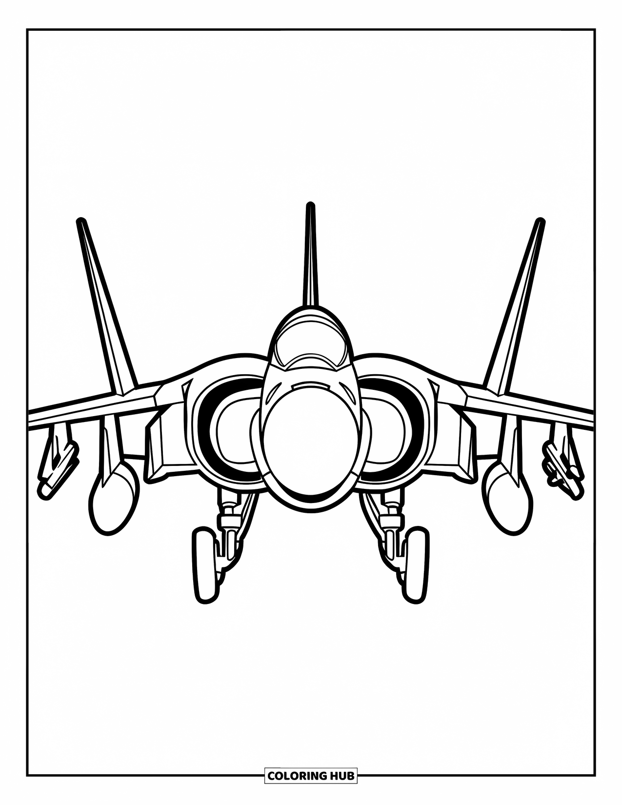 Fighter Jet Coloring Page for Kids: A simple jet with wide wings flies forward in open space