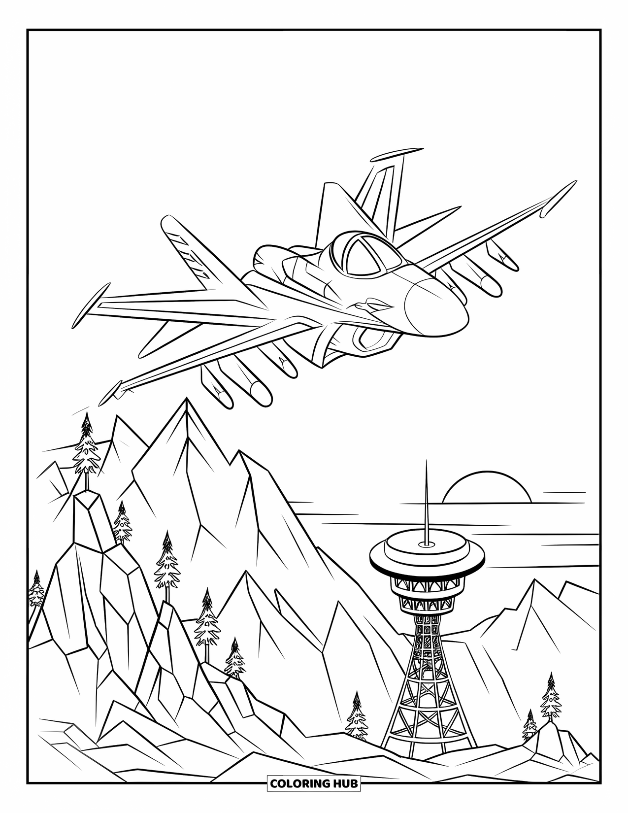 Fighter Jet Coloring Page for Kids: A sleek jet flies over mountain cliffs and a rounded radar dome