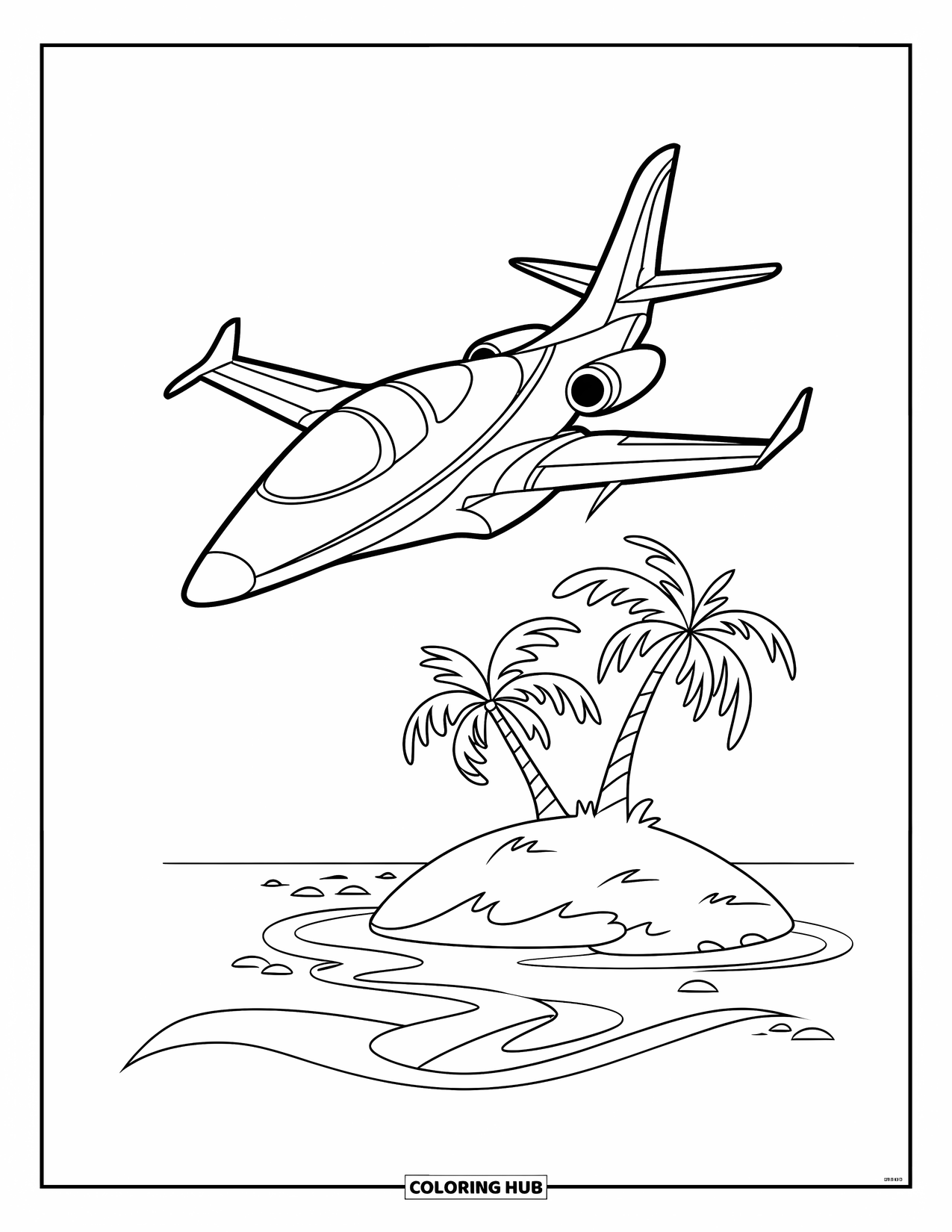 Fighter Jet Coloring Page for Kids: A sleek jet soars over a beachy island with palm trees and rippling waves