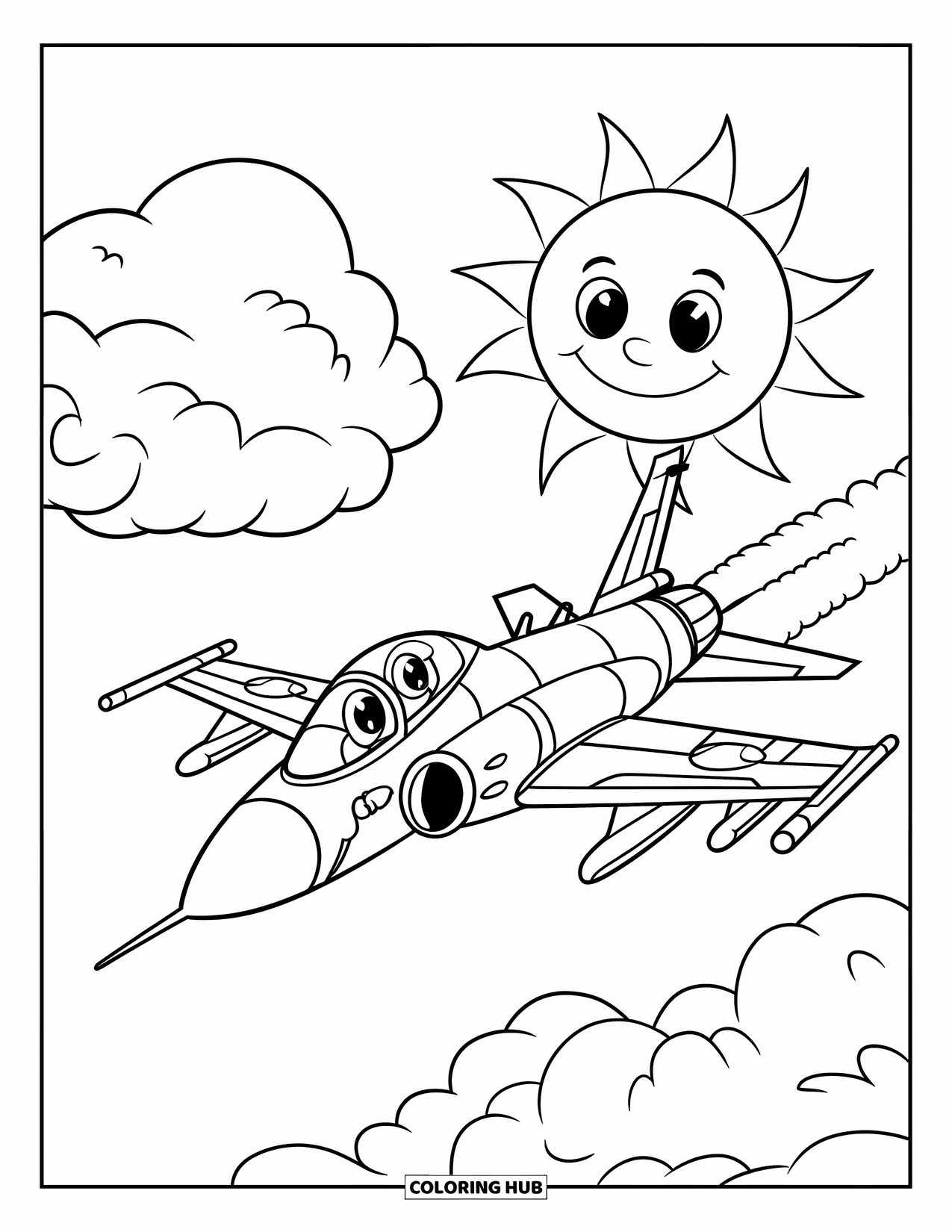 Fighter Jet Coloring Page for Kids: A smiling jet flies through happy clouds and a cheerful sun