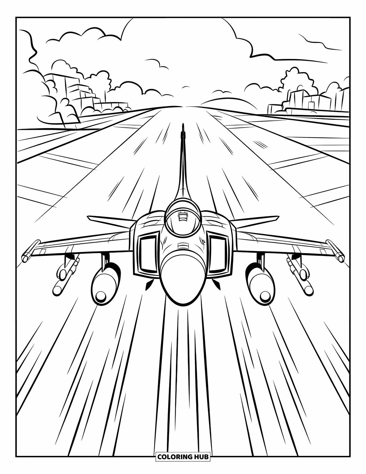 Fighter Jet Coloring Page for Kids: A speedy jet lifts off from a long runway with puffs of smoke