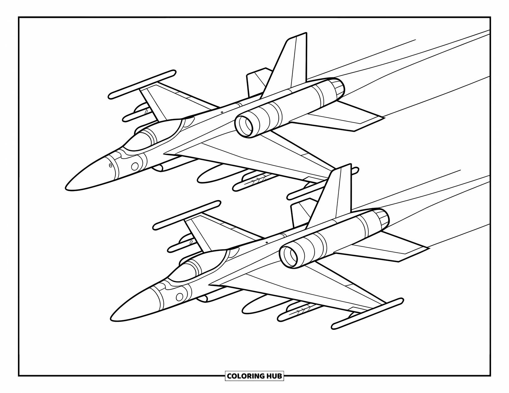 Fighter Jet Coloring Page for Kids: Two jets fly in formation, trailing lines behind them