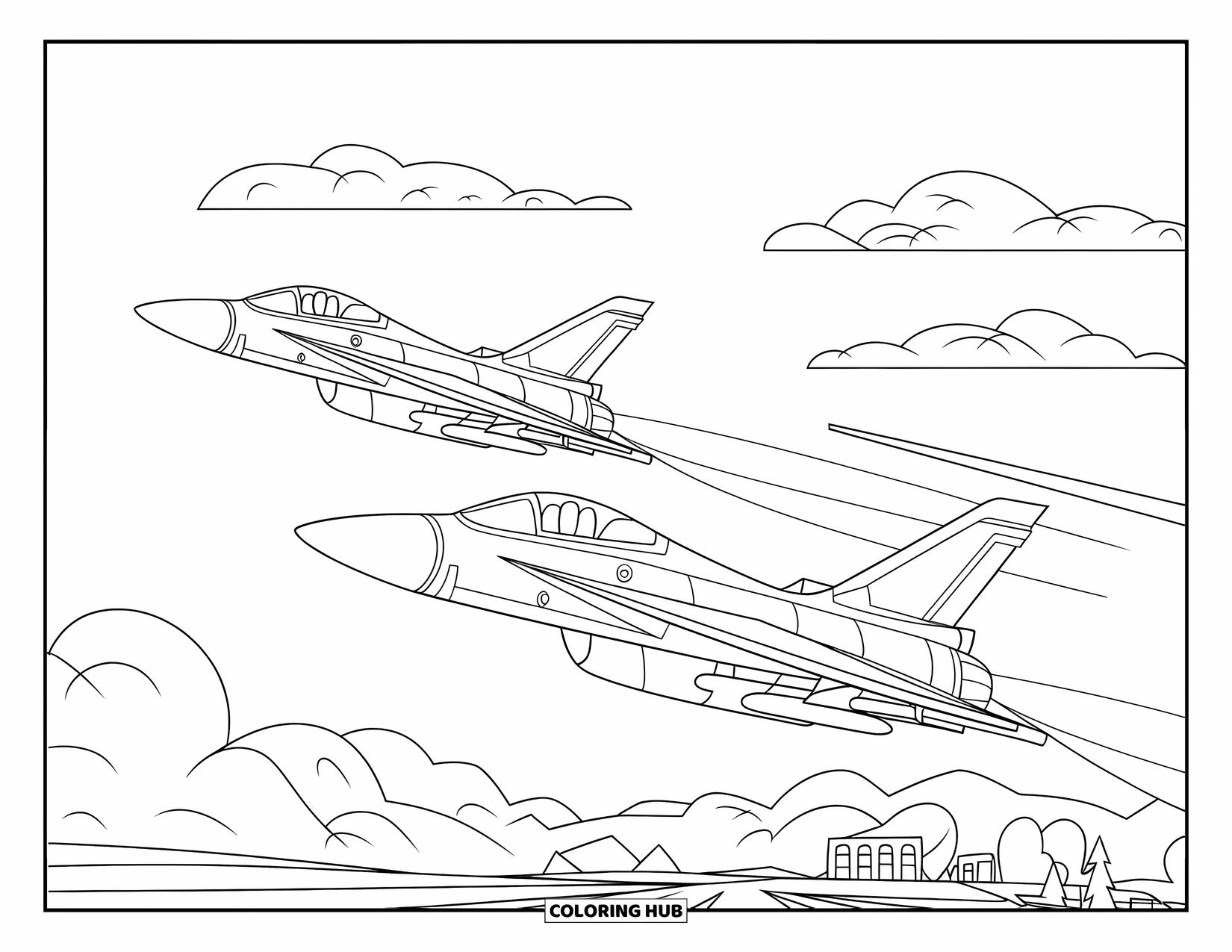 Fighter Jet Coloring Page for Kids: Two jets fly side-by-side above a few trees and buildings