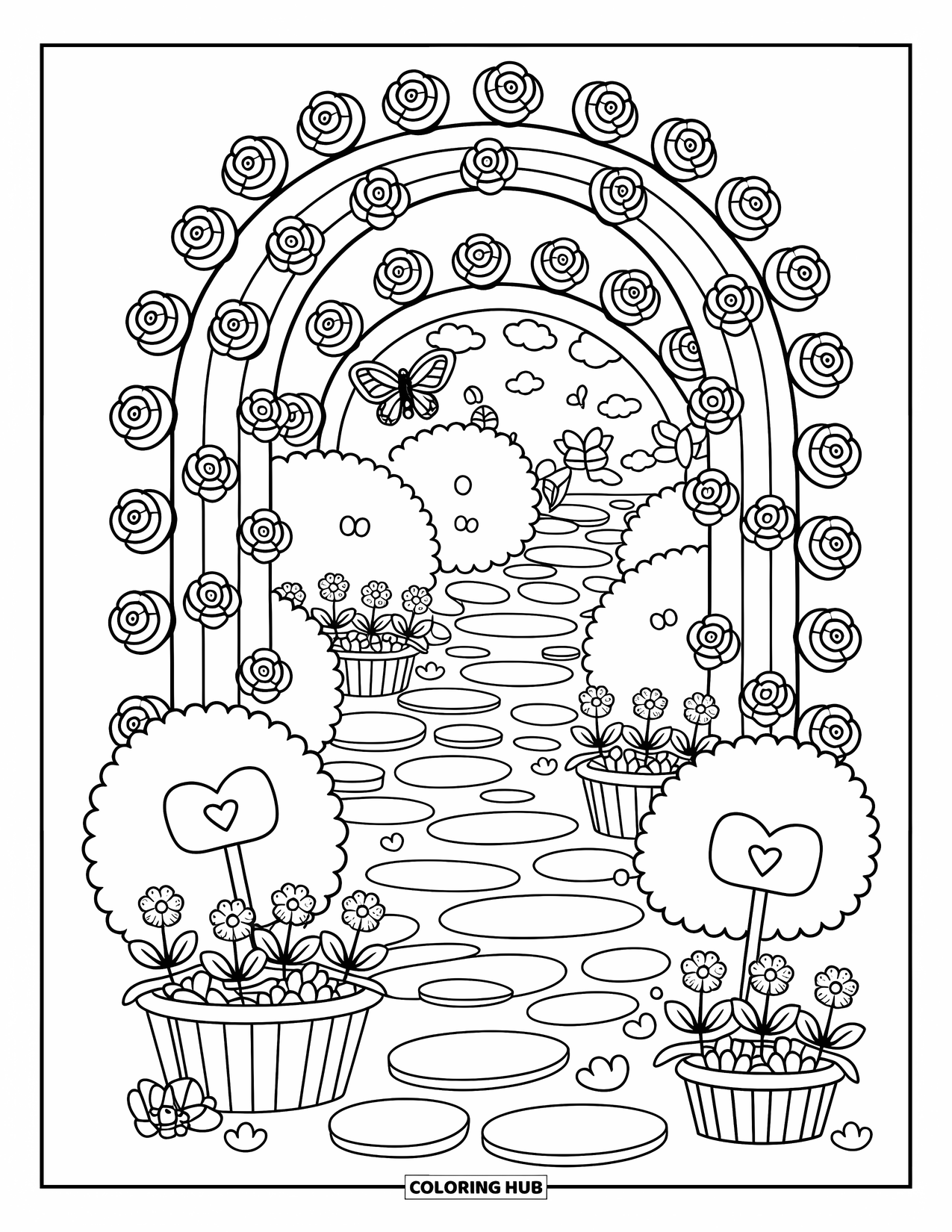 Flower Garden Coloring Page for Adults: Cobblestone path through a trellis with roses, tulips, and butterfly wings peeking out