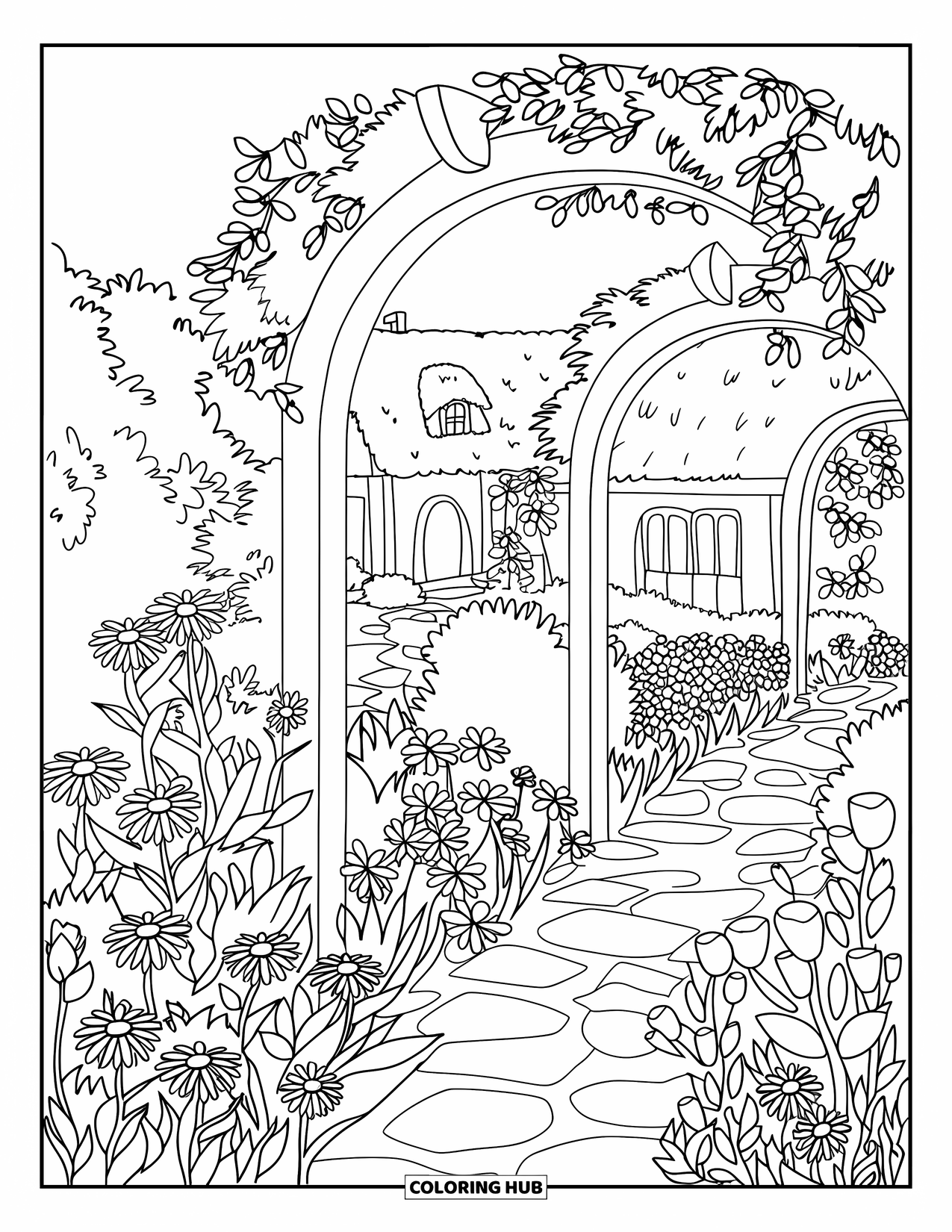 Flower Garden Coloring Page for Adults: Cottage garden filled with flowers, stone paths, and archways near a thatched-roof home