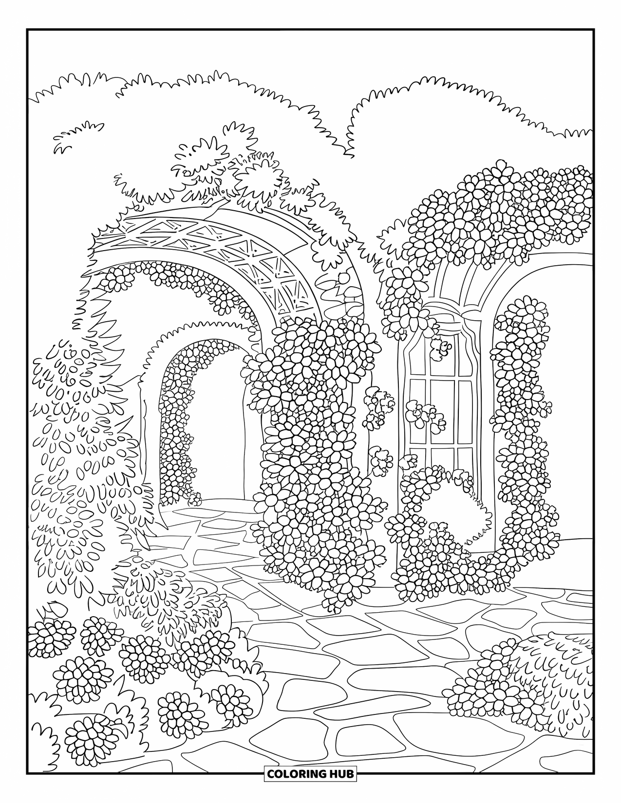Flower Garden Coloring Page for Adults: Dense flower garden with archways, stone paths, and clean outlines for coloring