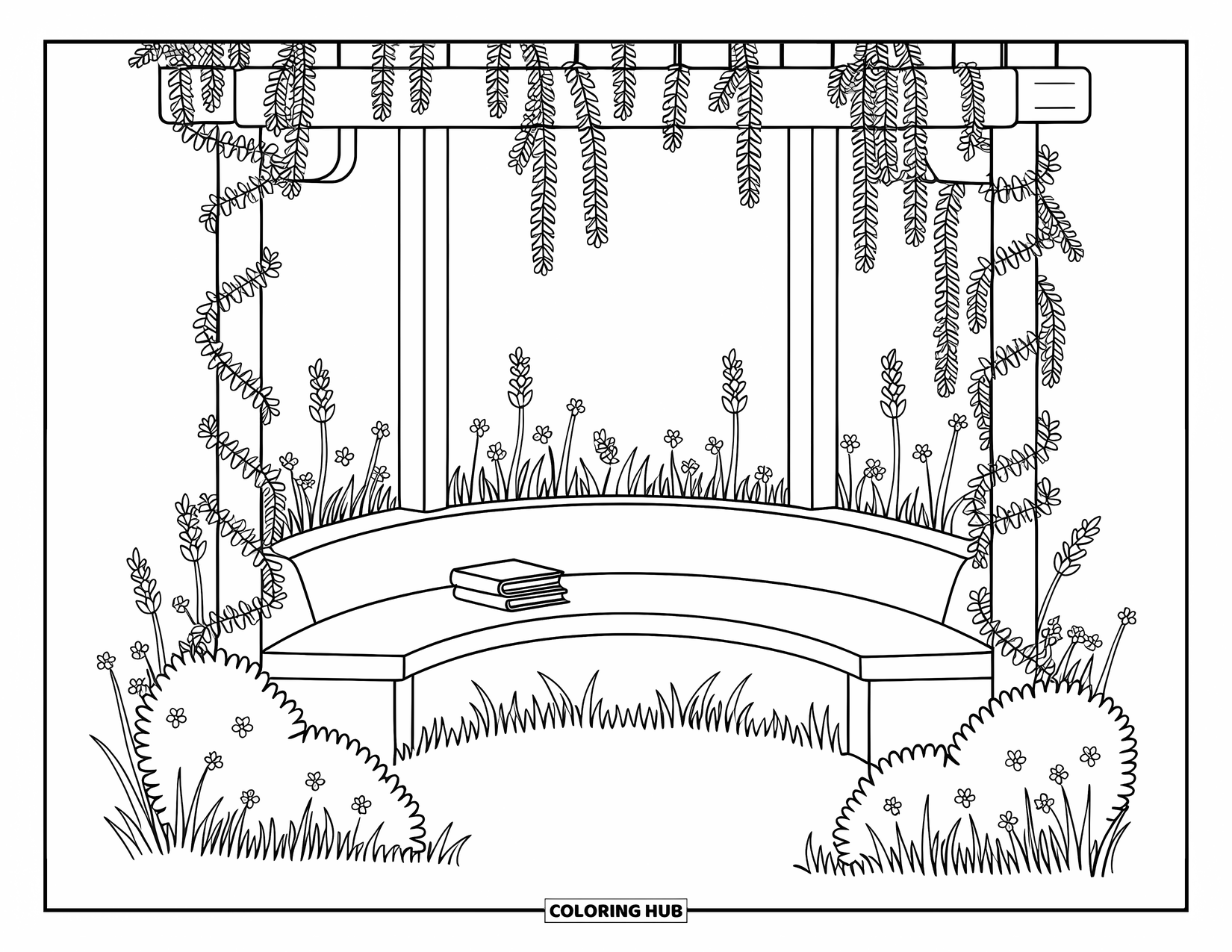 Flower Garden Coloring Page for Adults: Floral pergola with a bench, lavender bushes, wildflowers, and a tiny book stack