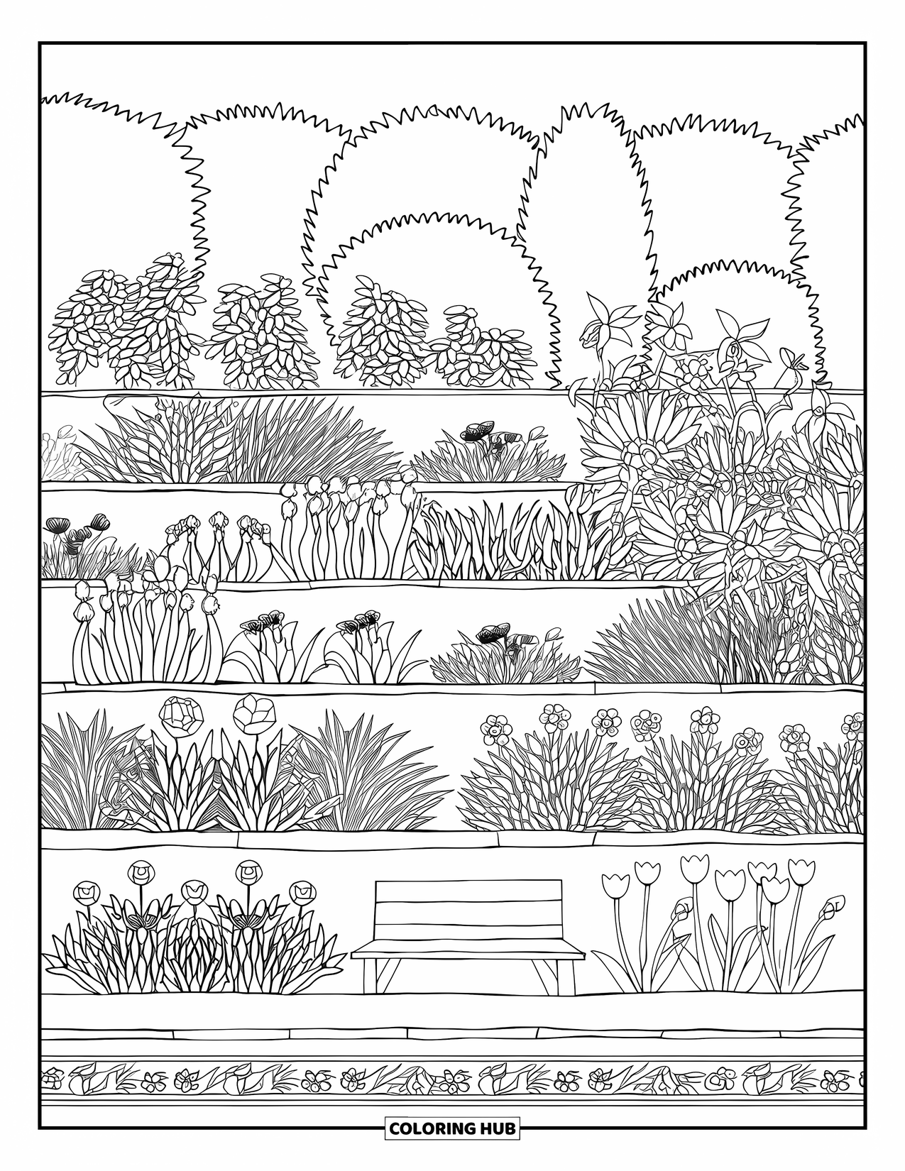 Flower Garden Coloring Page for Adults: Flower garden with layered blooms, a wooden bench, and a stone wall