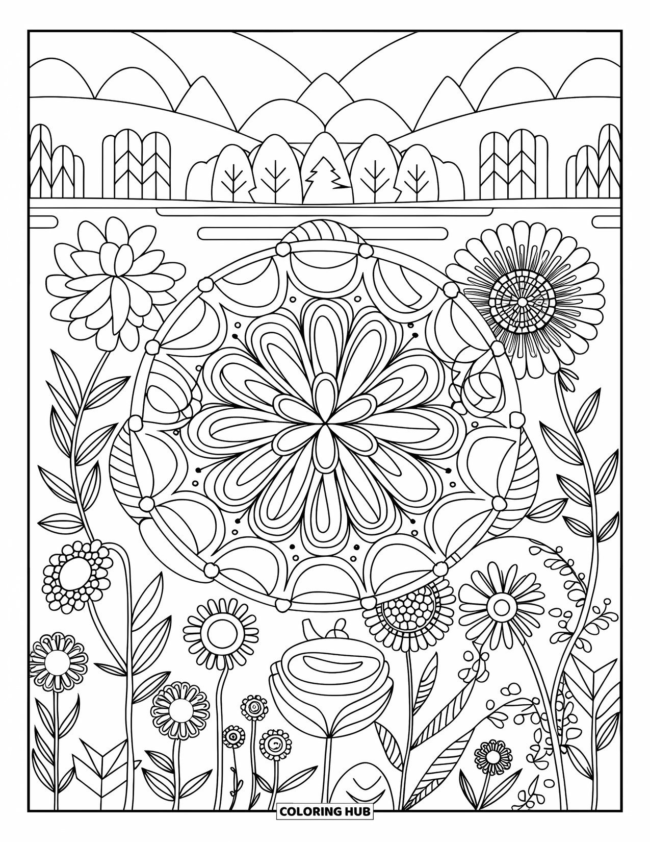 Flower Garden Coloring Page for Adults: Flower garden with mandala-style petals and leaves near a mountain and lake