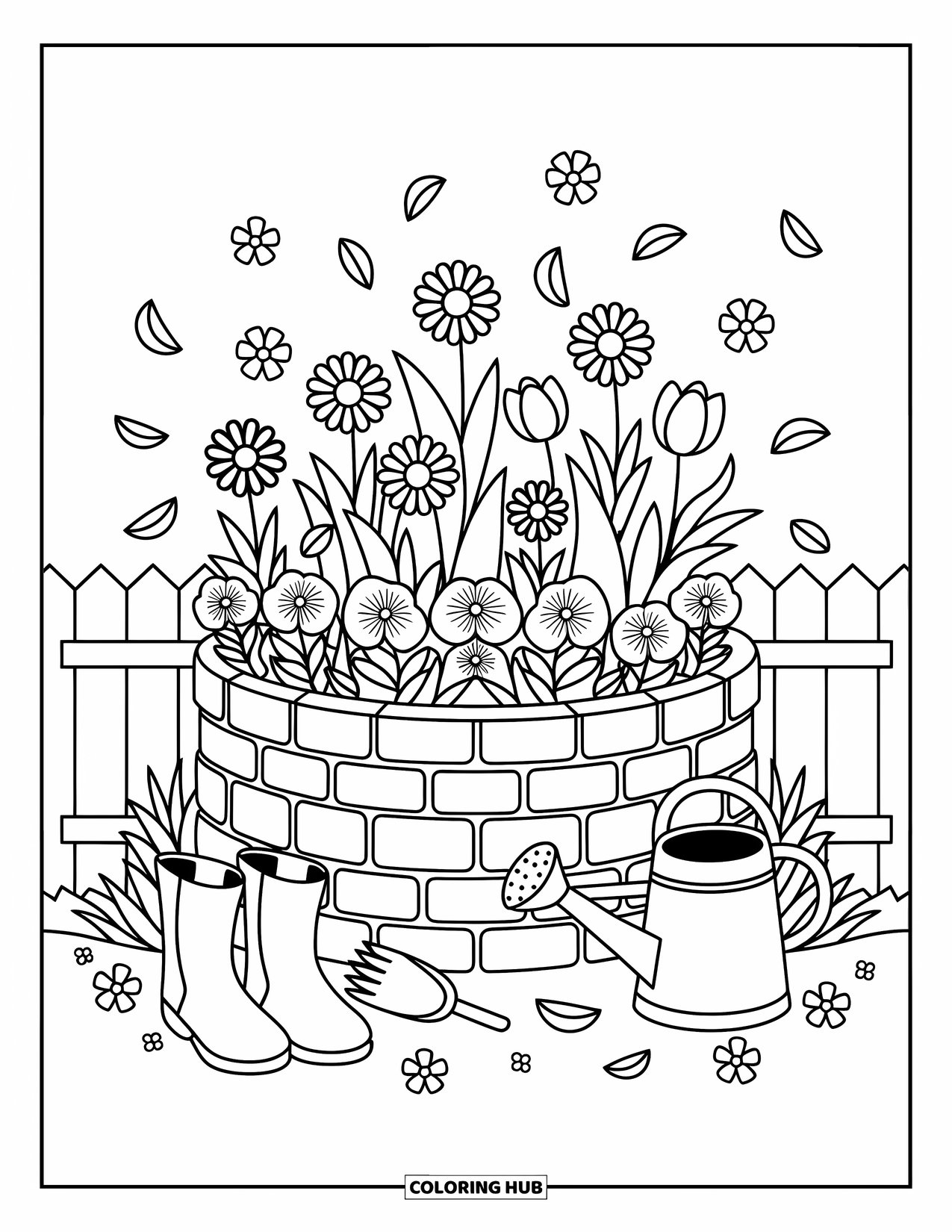 Flower Garden Coloring Page for Adults: Layered flower bed with gloves, boots, tulips, and petals swirling in the breeze