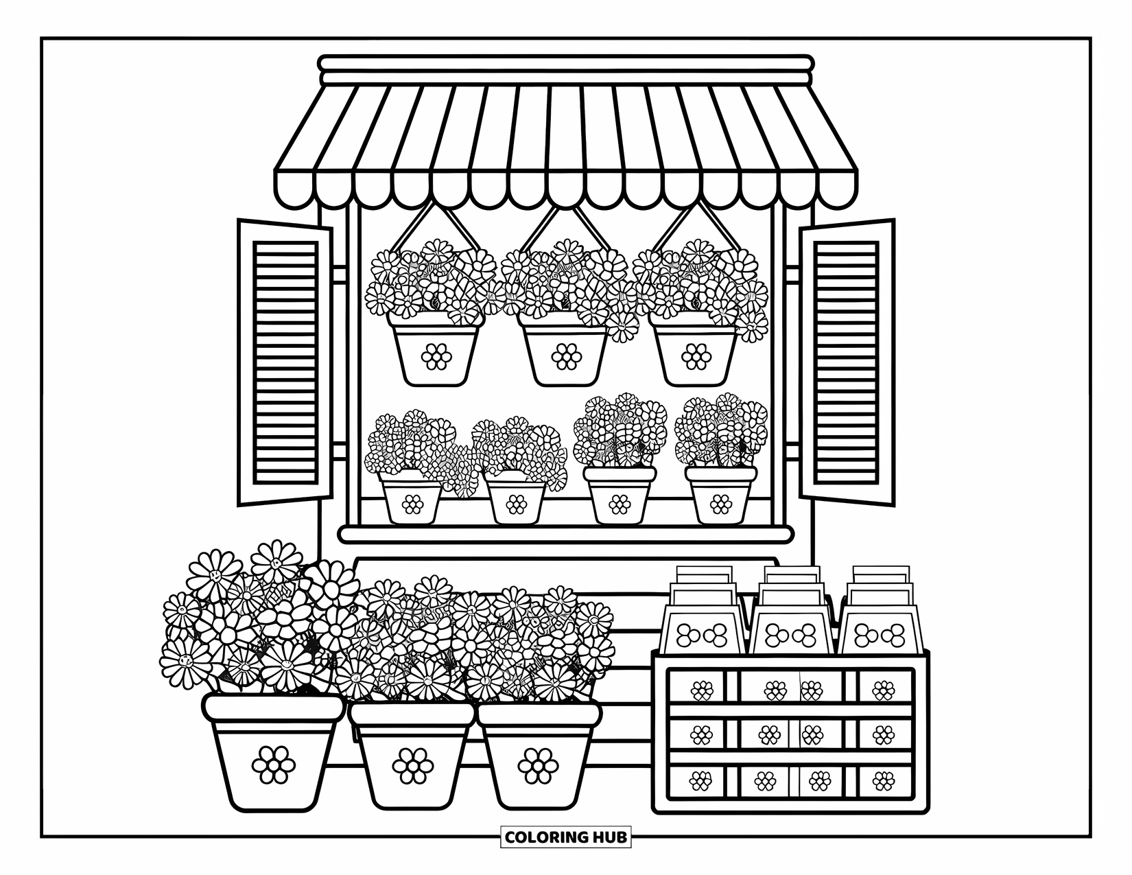 Flower Garden Coloring Page for Adults: Mini flower shop bursting with flowers, seed packets, and rustic charm