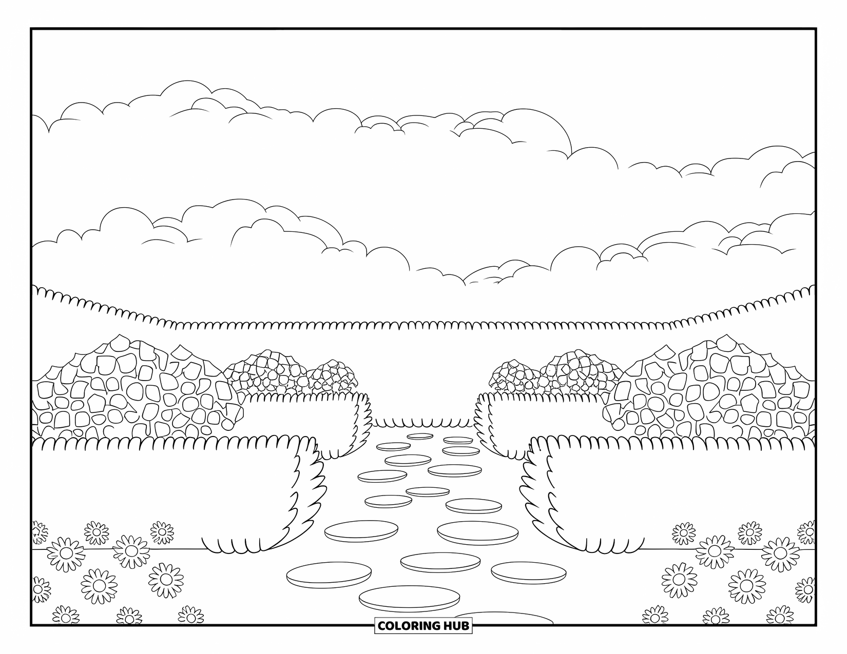 Flower Garden Coloring Page for Adults: Peaceful garden with hedges, stepping stones, and clouds in the sky