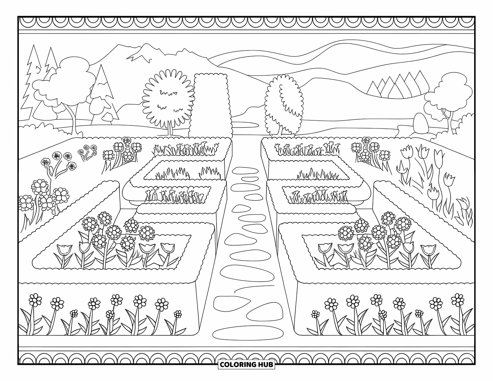 Flower Garden Coloring Page for Adults: Shaped hedges, stepping stones, and flowers guide through a peaceful garden near a lake