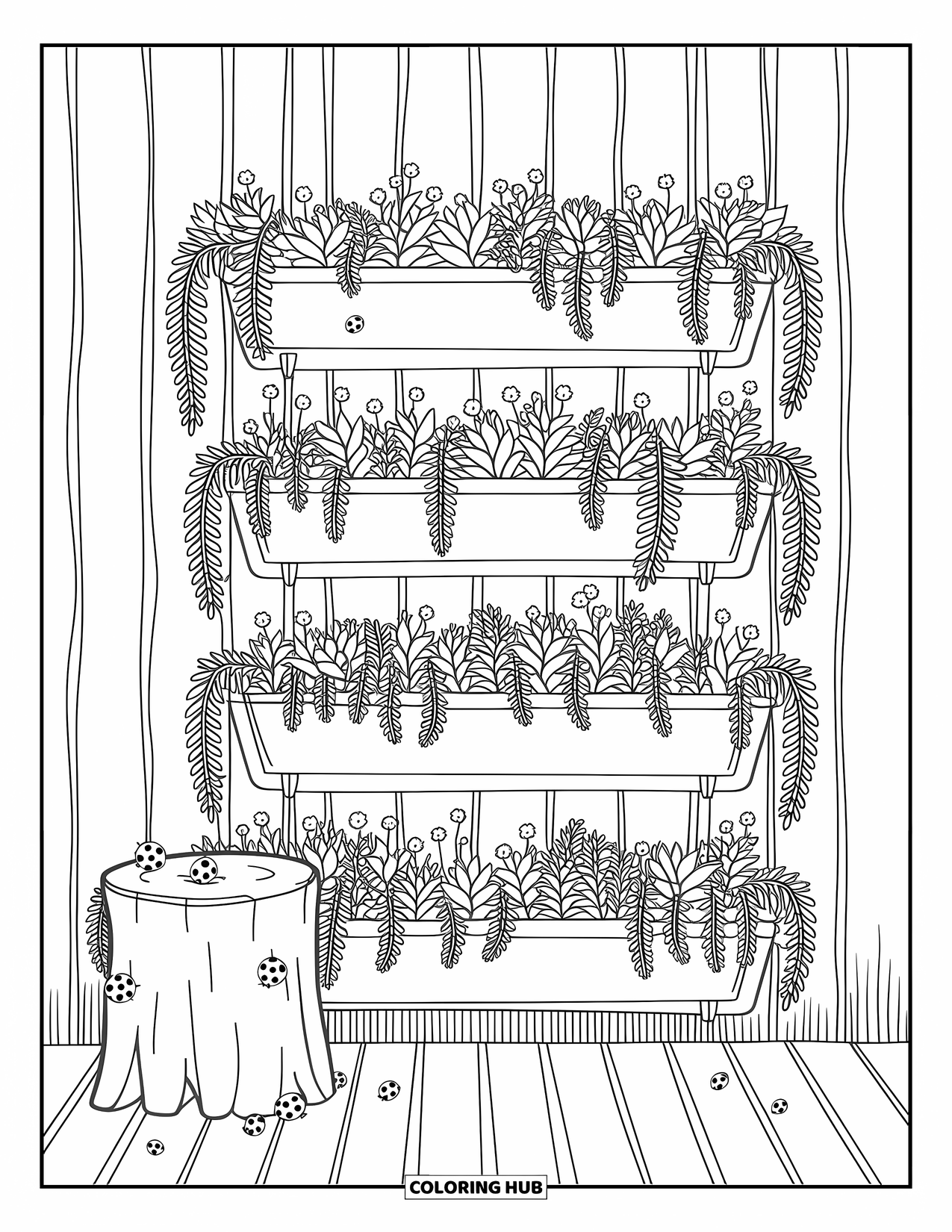 Flower Garden Coloring Page for Adults: Stacked planters overflowing with leaves, wildflowers, and a stump with climbing ladybugs