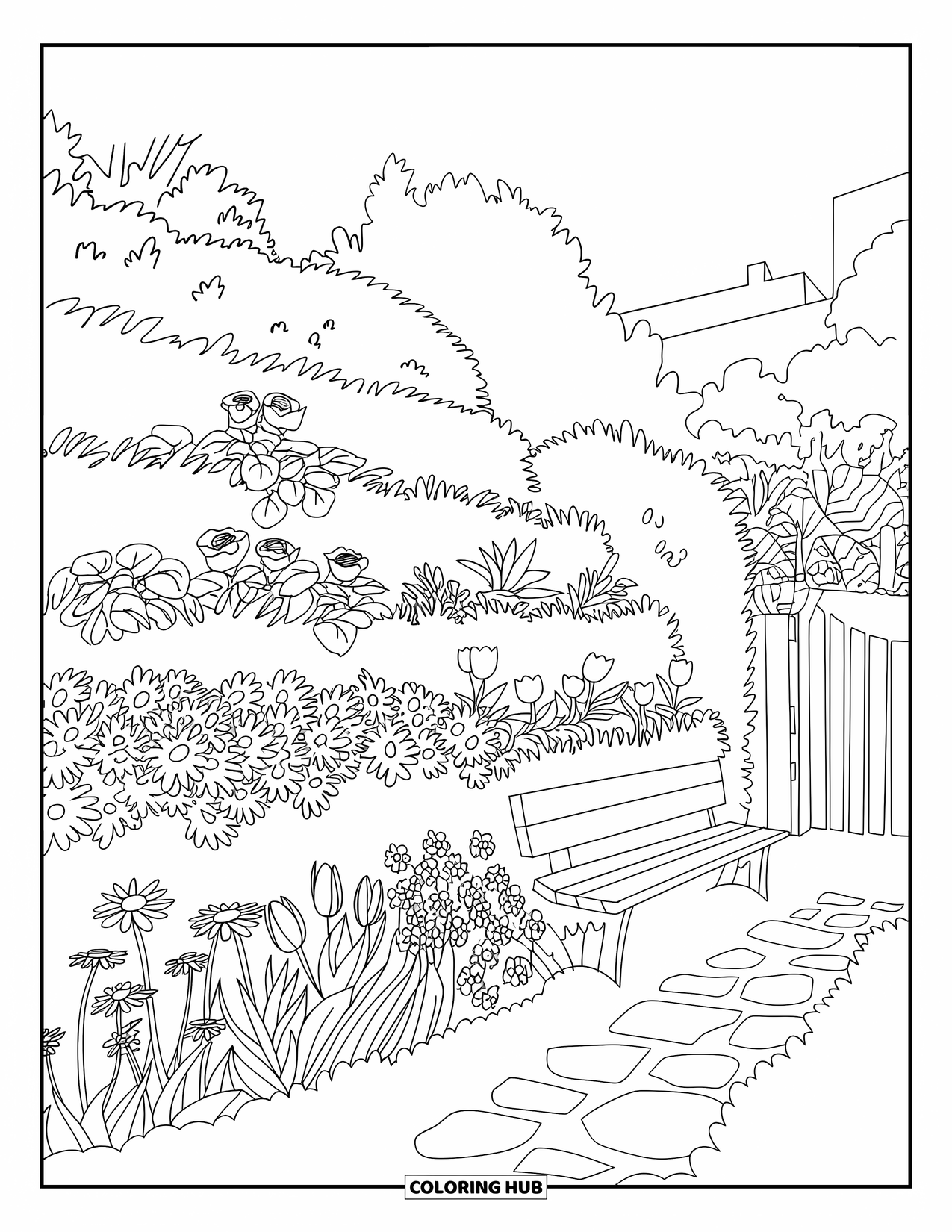 Flower Garden Coloring Page for Adults: Stone path leads to a bench in a lush flower garden with trees and a fence