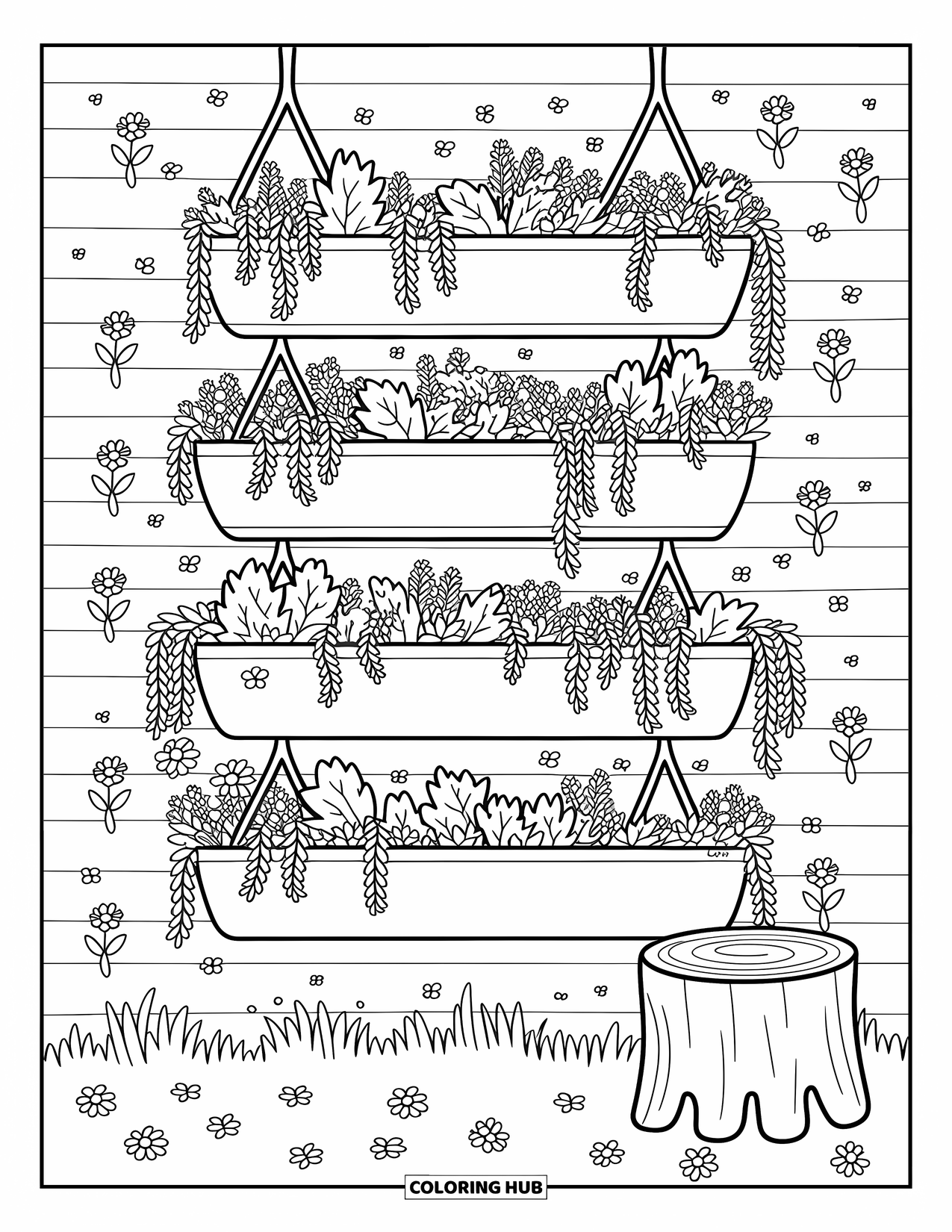 Flower Garden Coloring Page for Adults: Tiered garden with leafy pots, tiny flowers, and ladybugs on a cozy stump stool
