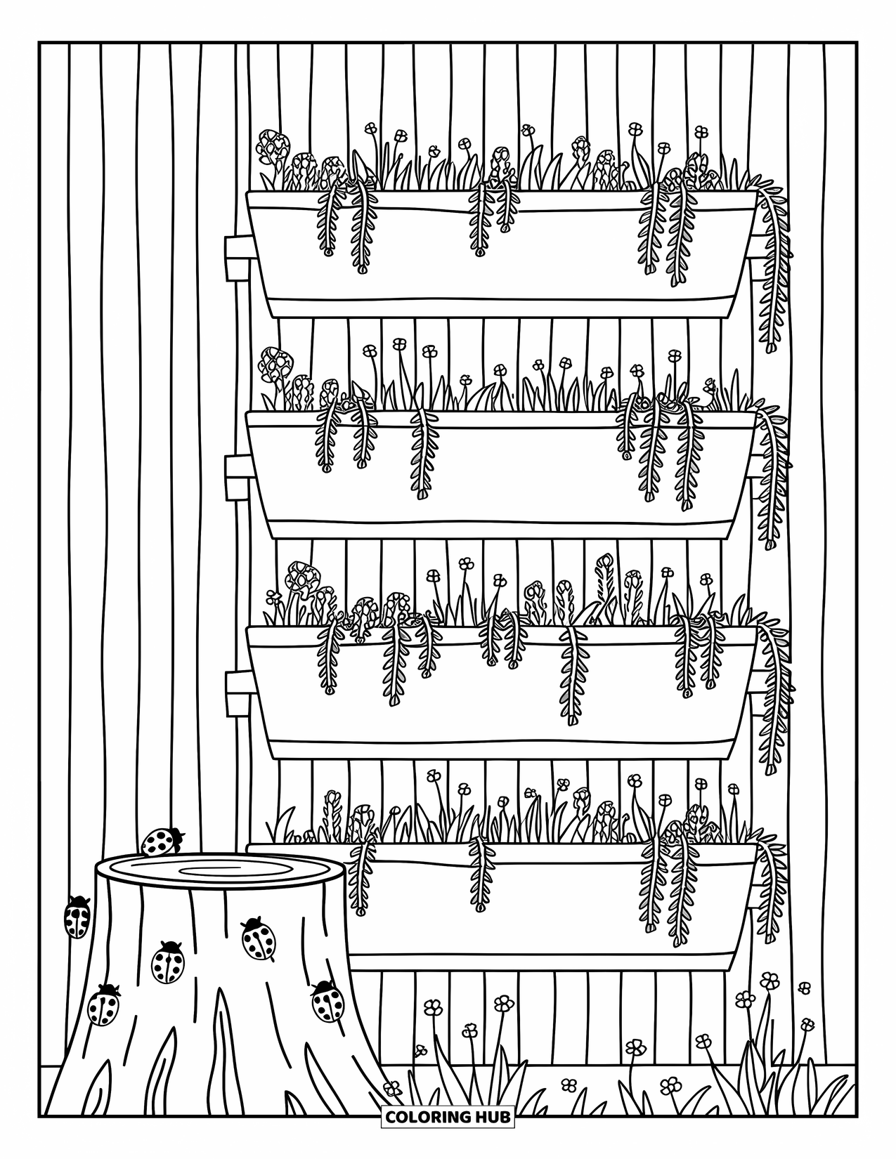 Flower Garden Coloring Page for Adults: Vertical garden with hanging pots, tiny wildflowers, and ladybugs on a cute stump