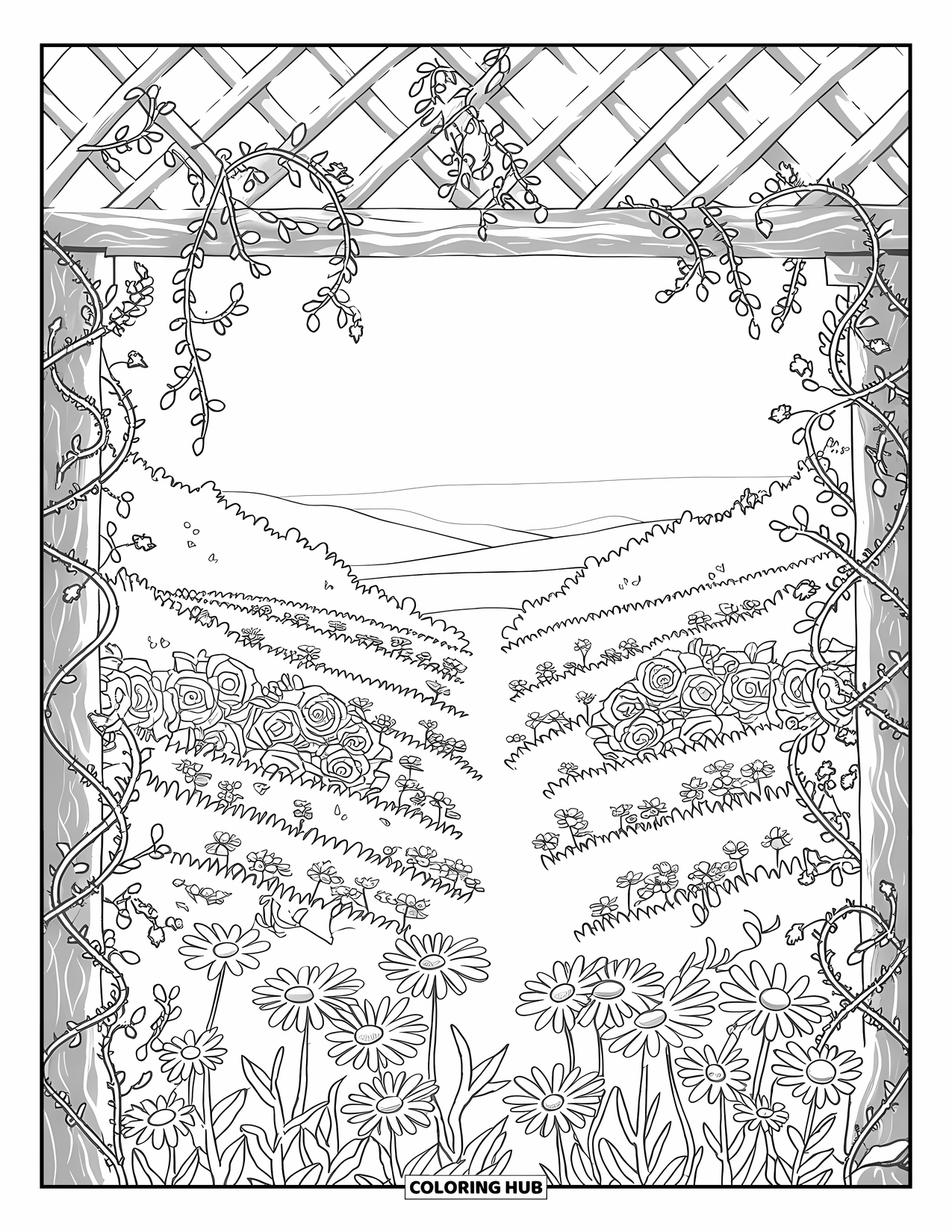 Flower Garden Coloring Page for Adults: Vines and blooms surround a trellis in a peaceful garden with rolling hills