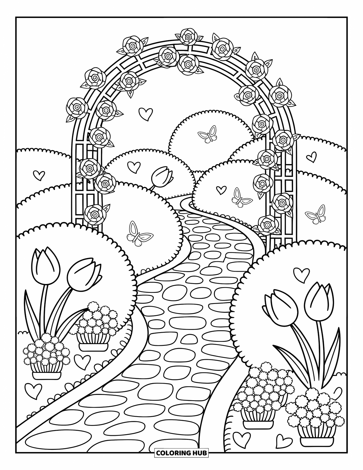 Flower Garden Coloring Page for Adults: Winding garden path through roses, tulips, marigolds, and heart-shaped garden signs