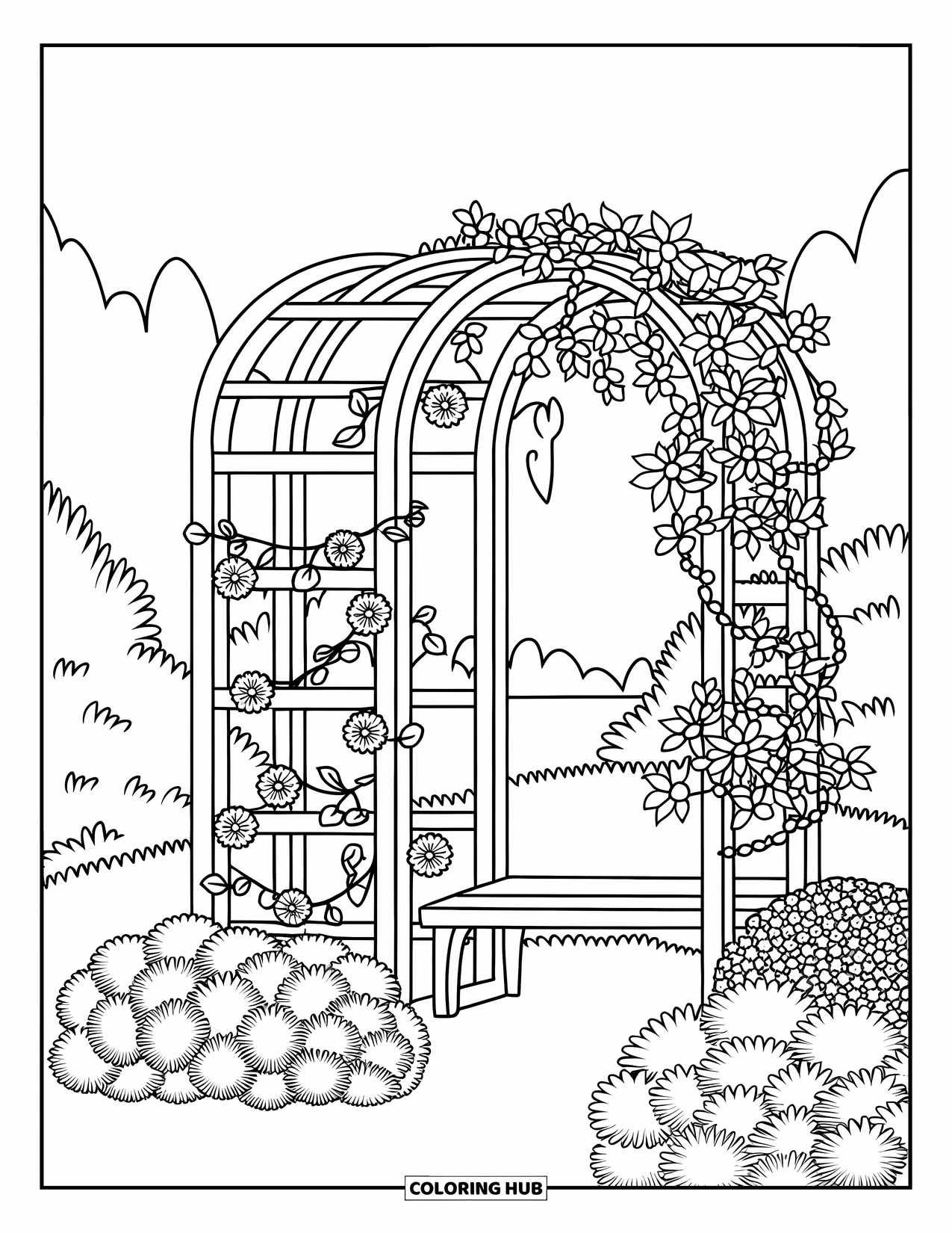 Flower Garden Coloring Page for Kids: A bench rests under a trellis in a quiet garden with bushes and vines