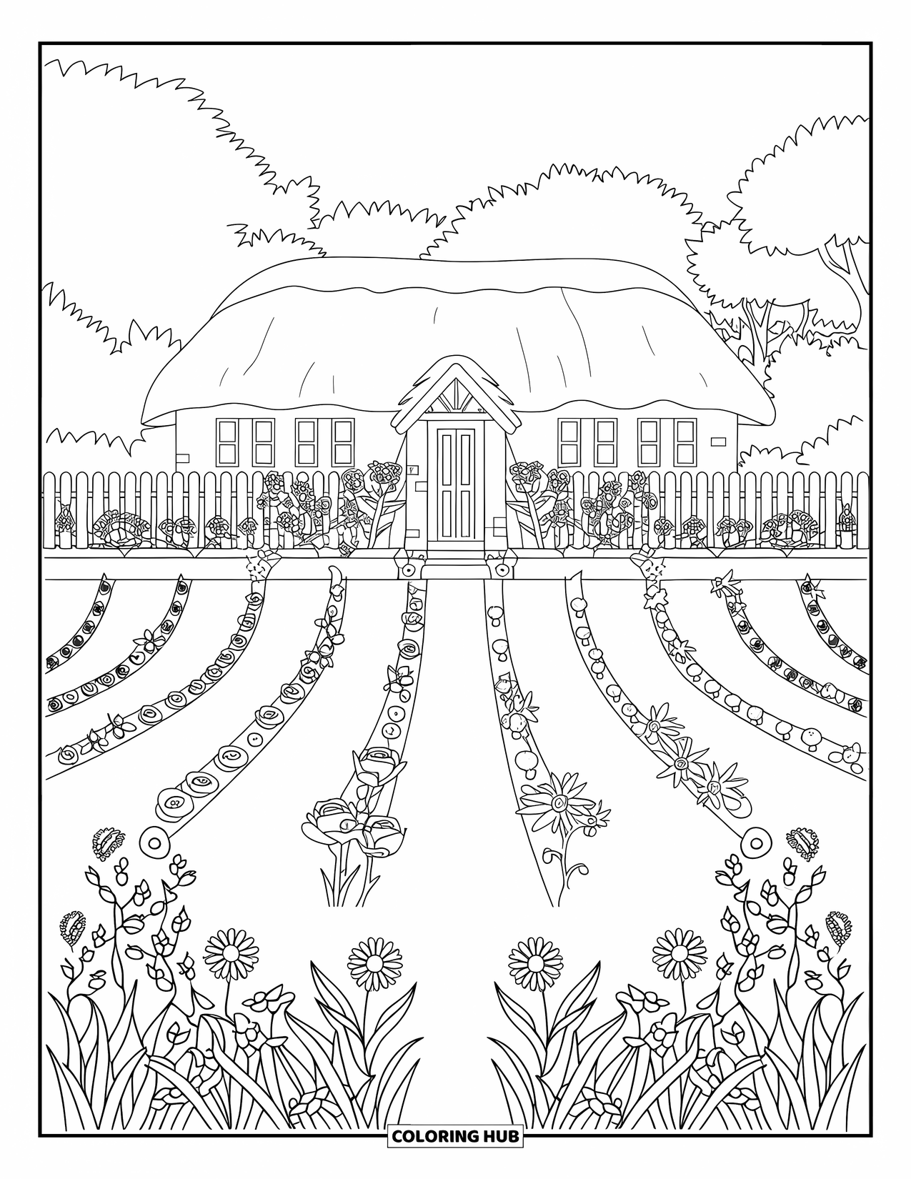 Flower Garden Coloring Page for Kids: A big garden with tall flowers blooms behind a cottage and picket fence
