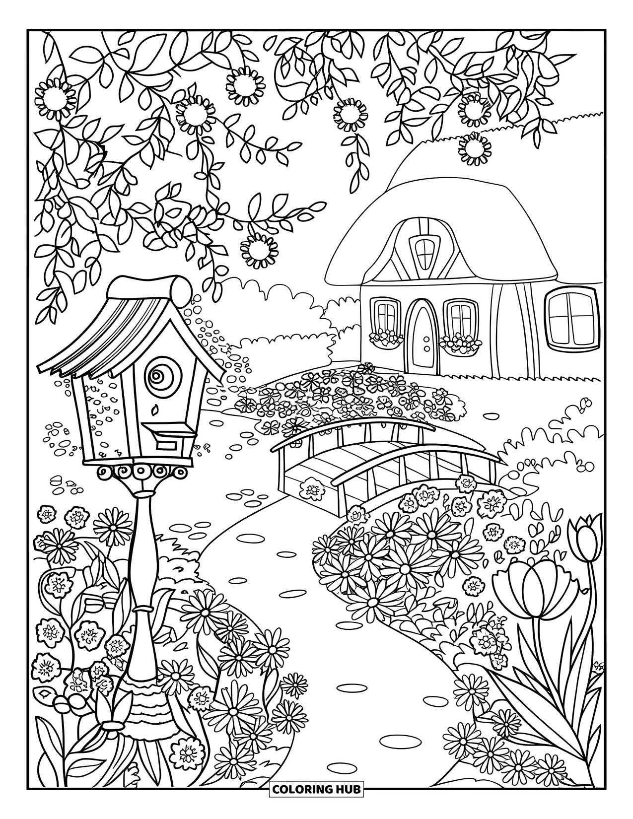 Flower Garden Coloring Page for Kids: A garden path winds past a birdhouse and over a stream near a cottage
