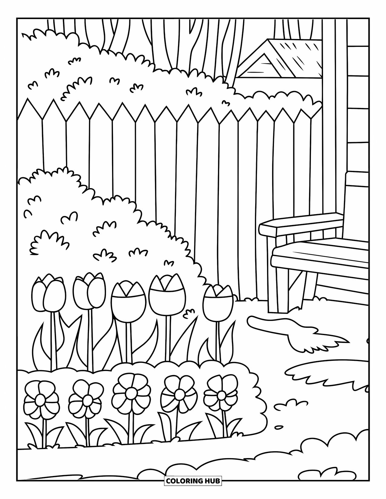 Flower Garden Coloring Page for Kids: Backyard garden with tulips, pansies, and a bench beside a house and fence