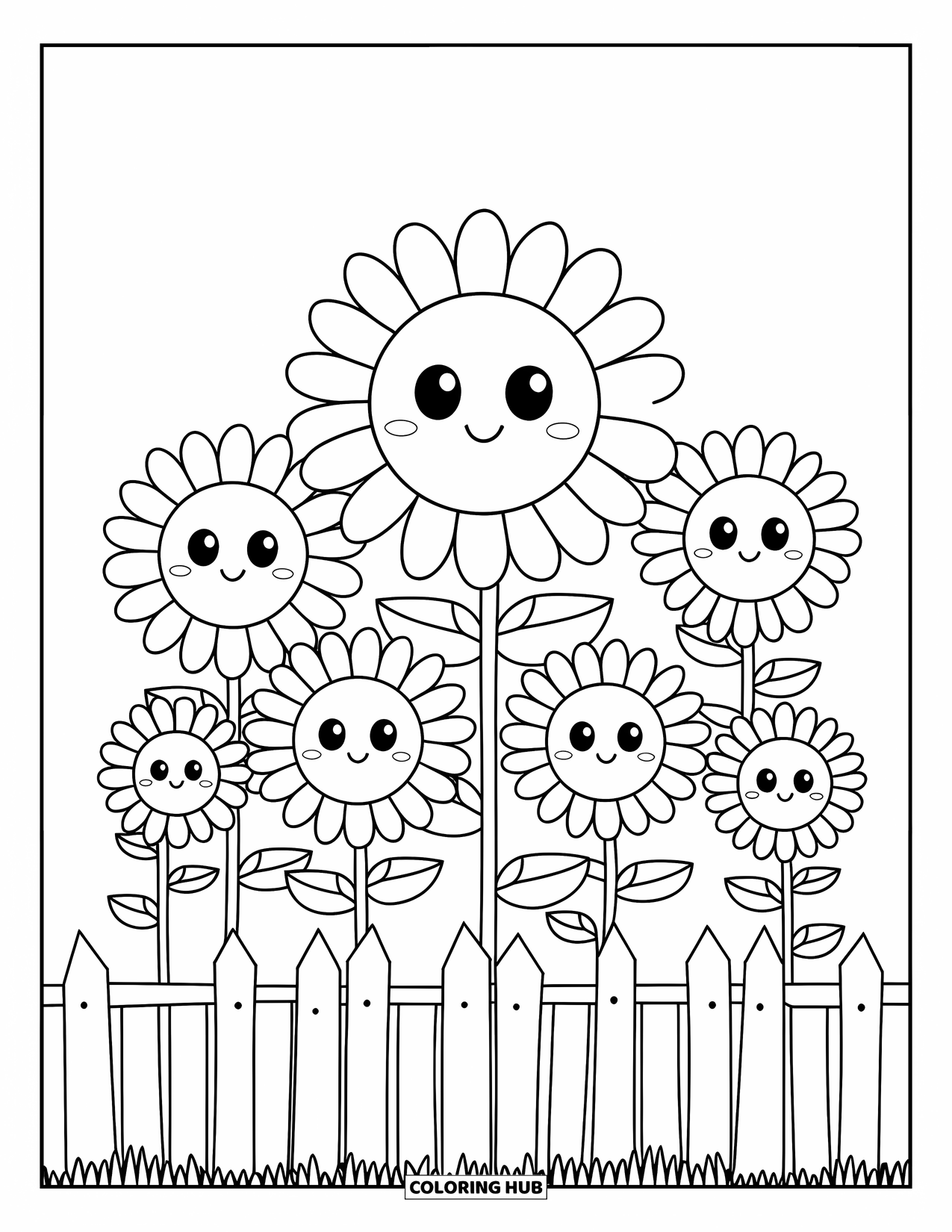 Flower Garden Coloring Page for Kids: Cute sunflowers smile in a fenced garden under a quiet, cloudless sky