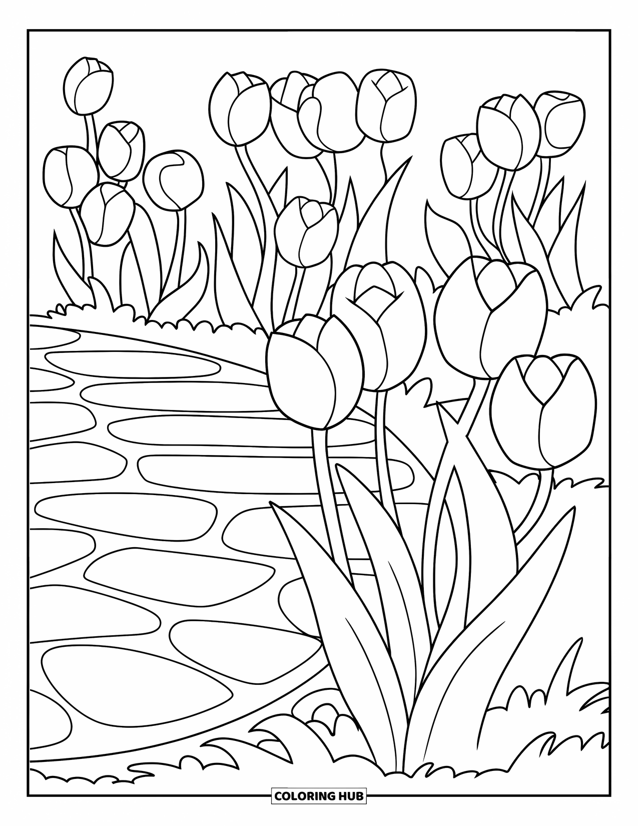 Flower Garden Coloring Page for Kids: Easy garden scene with tulips and a round path in a playful layout
